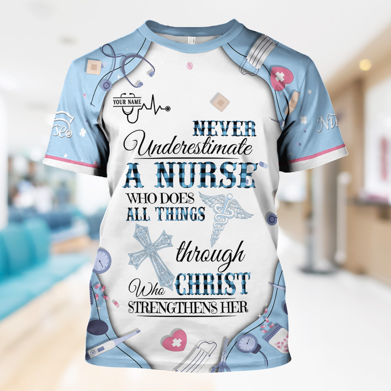 Personalized Nursing Faith Scrub for Women - Bible Verse All Things Through Christ - Religious Gift for Healthcare Professionals RN LPN CNA