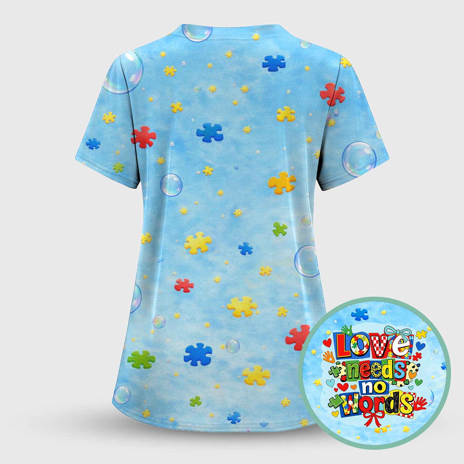 Autism Awareness Nurse Puzzle Love Needs No Words Pattern Scrub Set, Scrub Pants and V Neck Top
