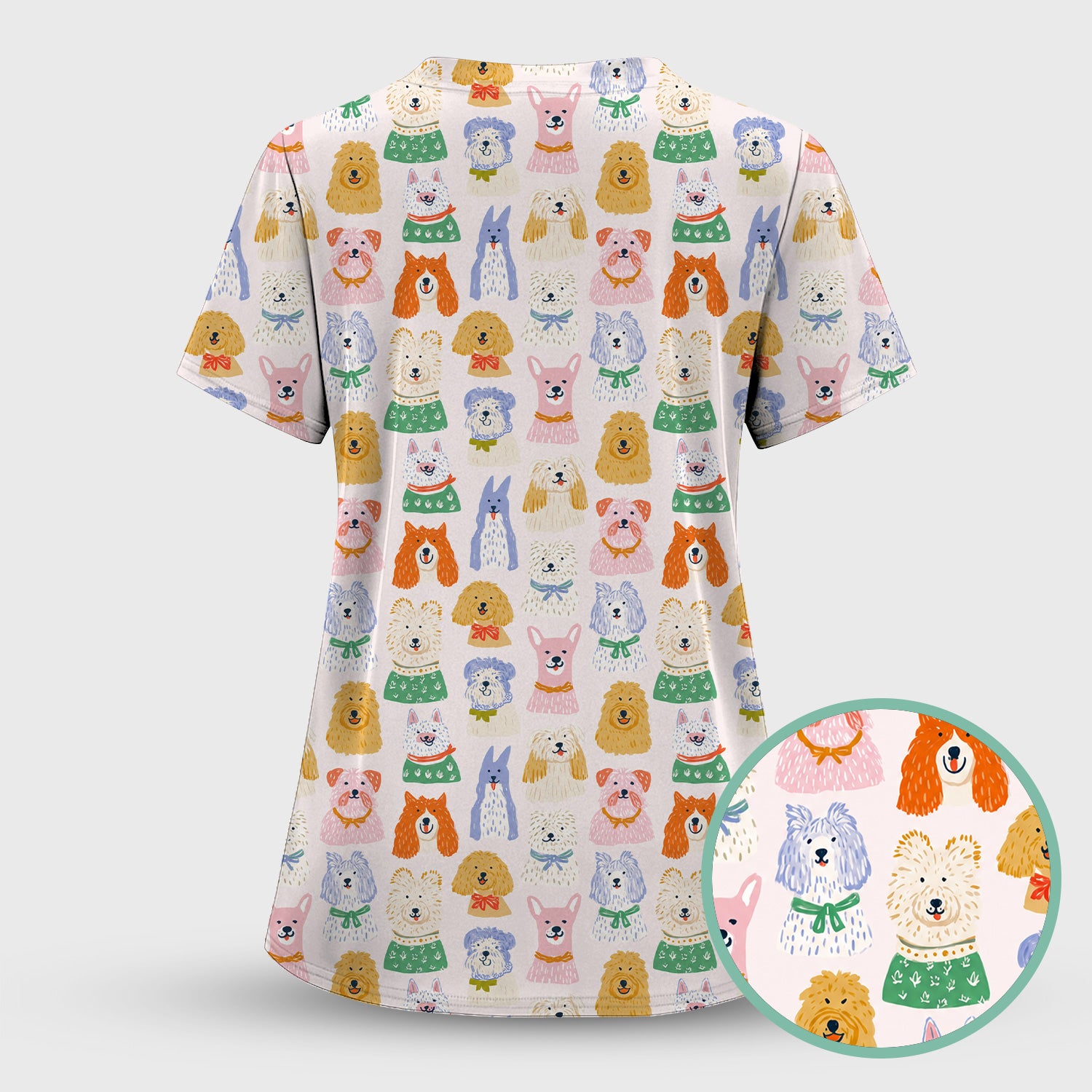 Colorful Dog Faces Cartoon Pattern Scrub Set, Scrub Pants and V Neck Top