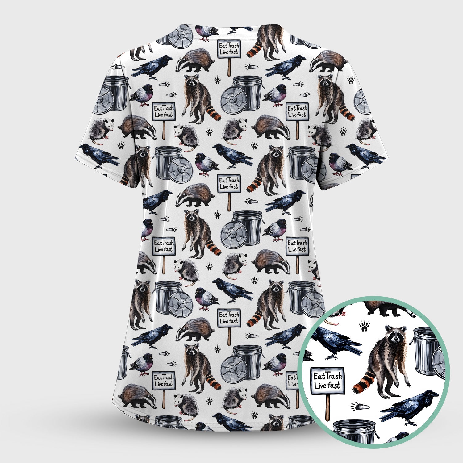 Raccoon And Opossum Eat Trash Live Fast Scrub Top, Breathable Fabrics Nursing Uniform