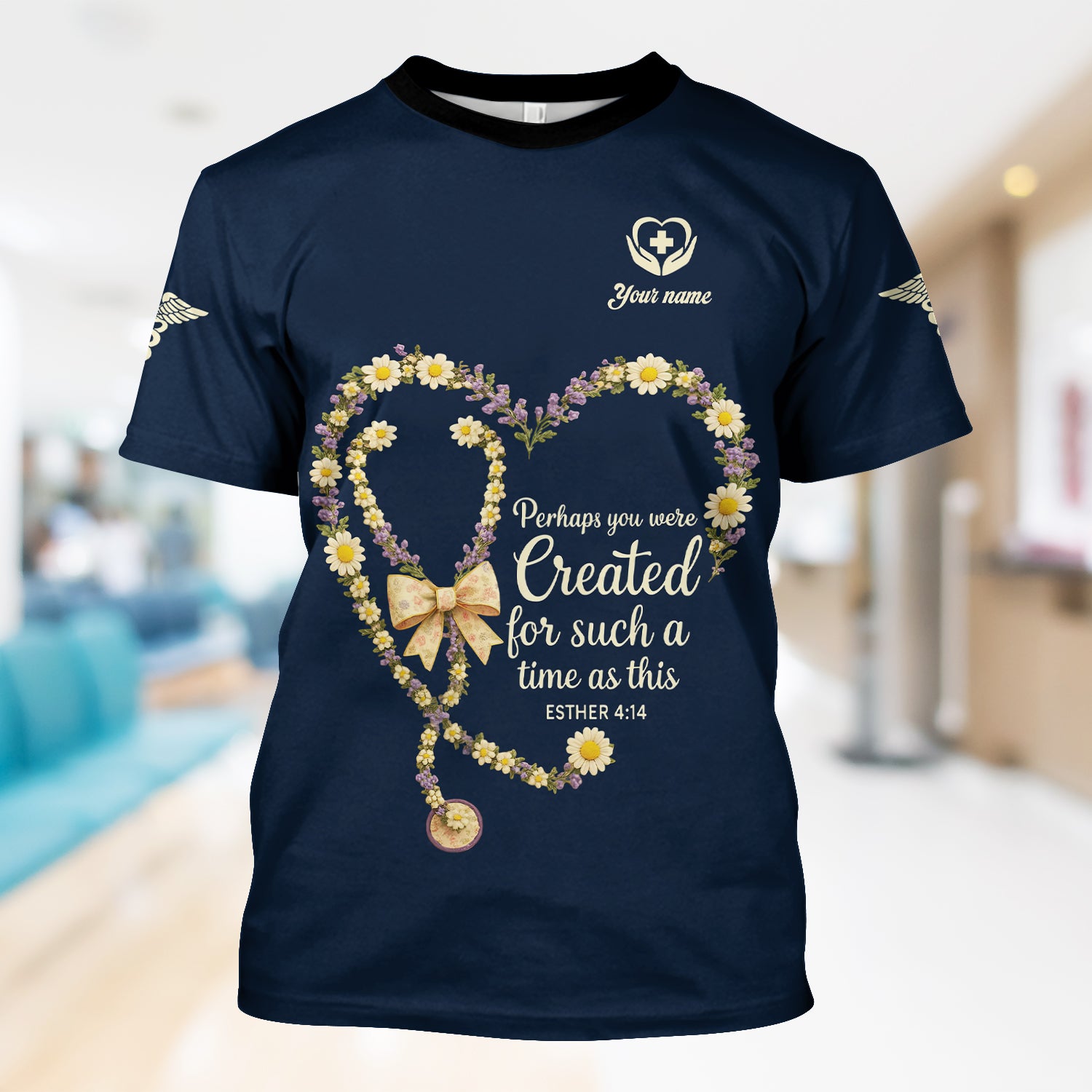 Custom Faith Nurse T-Shirt - Floral Stethoscope Heart & Bible Verse Graphic - Thoughtful Gift for Christian Nurses & Nursing Student