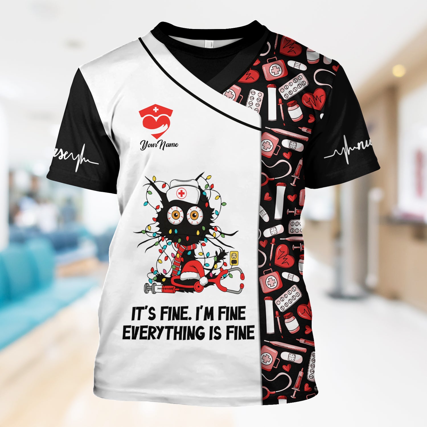 Custom Funny Nurse Christmas Scrub Top - Everything Is Fine Sarcastic Black Cat Design - Holiday Gift for Women RN LPN ER