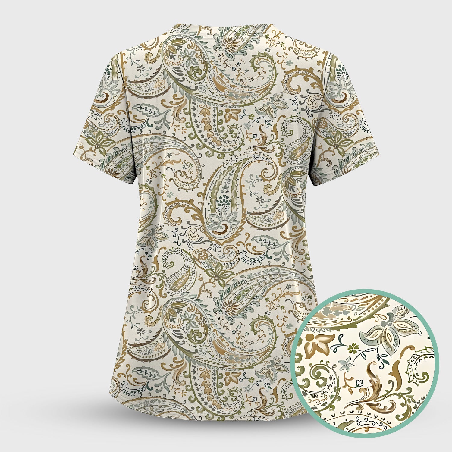 Elegant Sage Green Vintage Paisley Floral Vine Pattern Scrub Set, Scrub Pants and V Neck Top