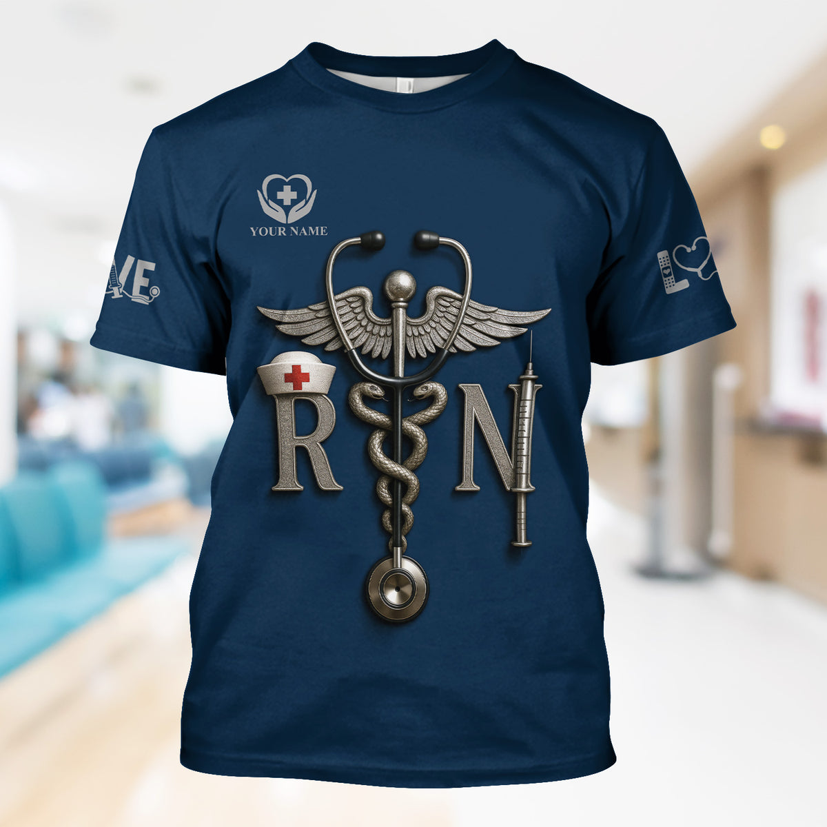 Personalized RN Nurse Shirt - Caduceus & Syringe Graphic - Custom Gift with Multiple Color Options for CNA LPN Medical Staff