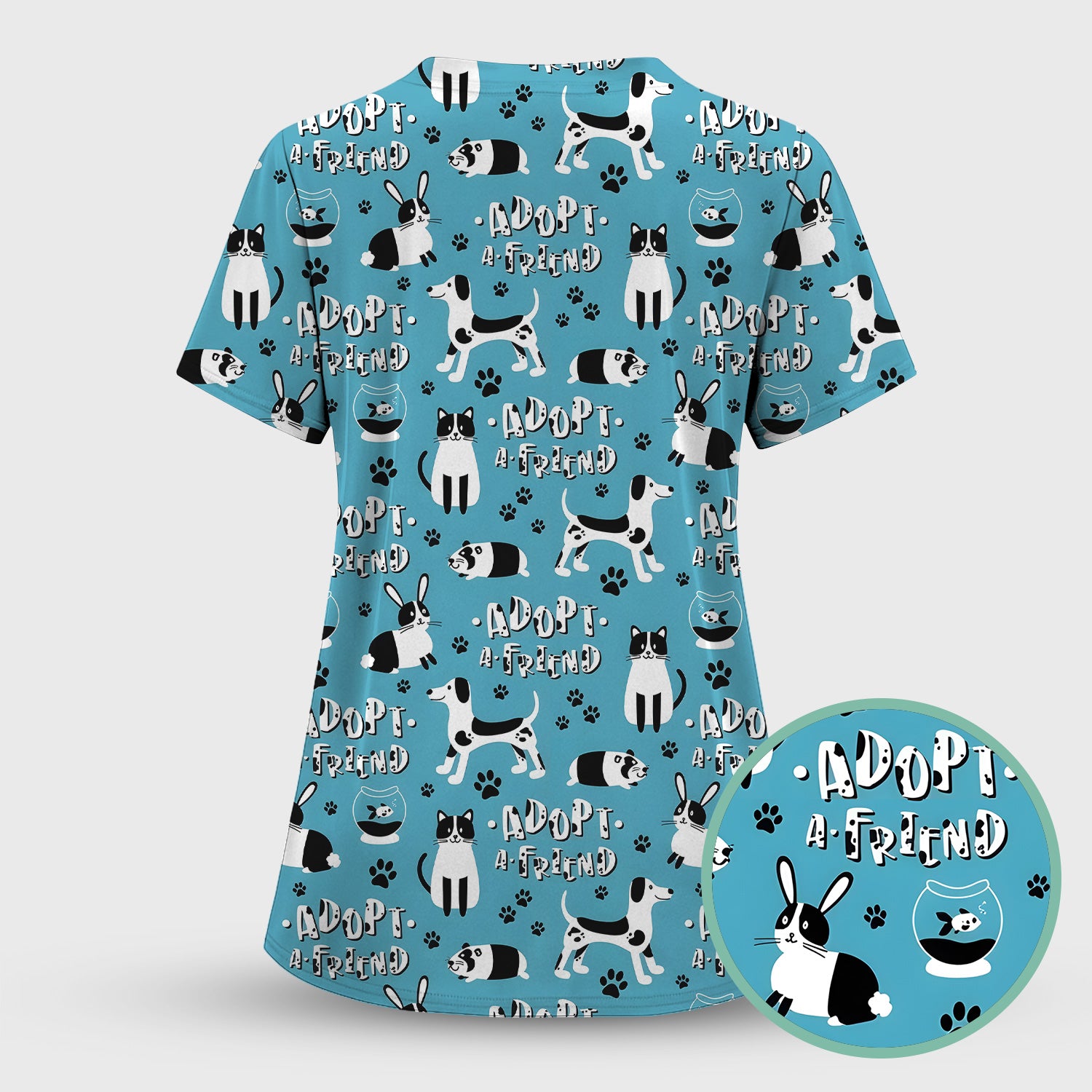 Cute Adopt A Friend Pet Pattern Scrub Set, Scrub Pants and V Neck Top