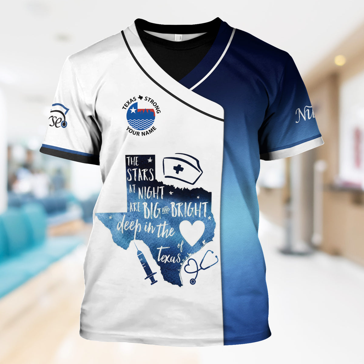 Texas Strong Nurse Scrubs - 'The Stars at Night' Design with Nurse Icons & Stethoscope - Customizable Gift for RN, CNA, LPN