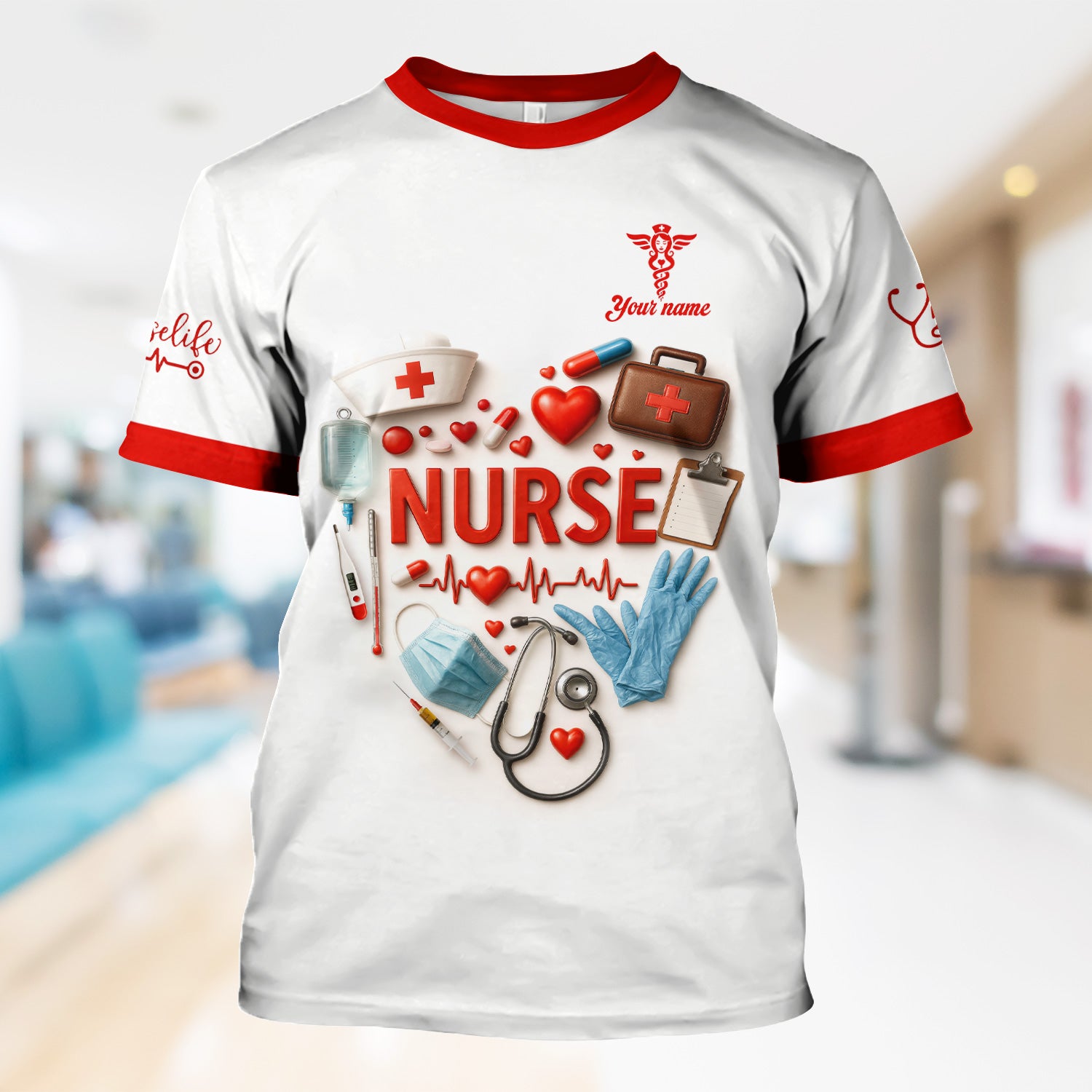 Custom Nurse Scrubs - Medical Tools & Heartbeat Graphic - Personalized Scrubs for RN CNA LPN Healthcare Workers