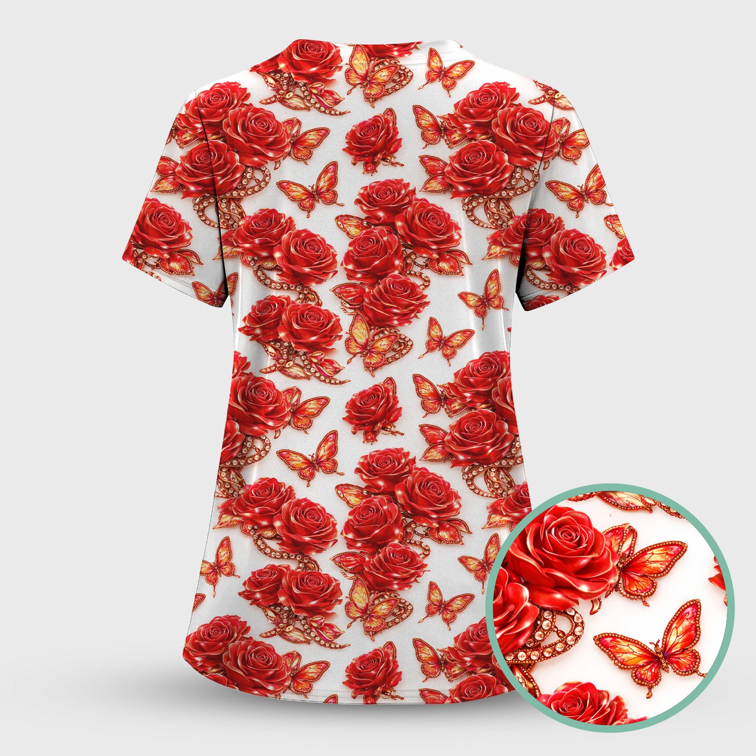 Red Rose and Butterfly Pattern Scrub Top, Comfortable Scrubs for Nurses
