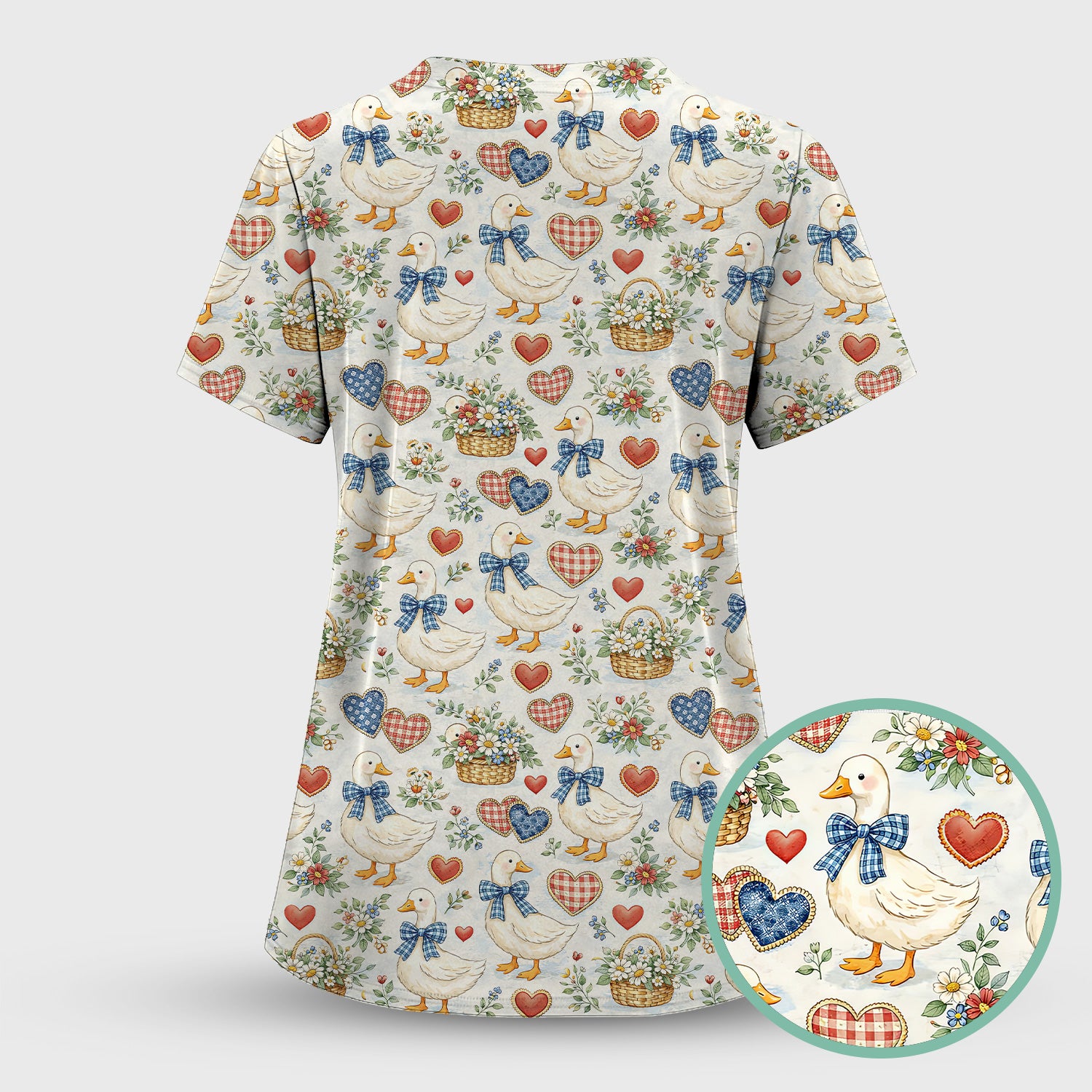 Cute Duck Heart Floral Nurse Pattern Scrub Top, Comfortable Scrubs for Nurses