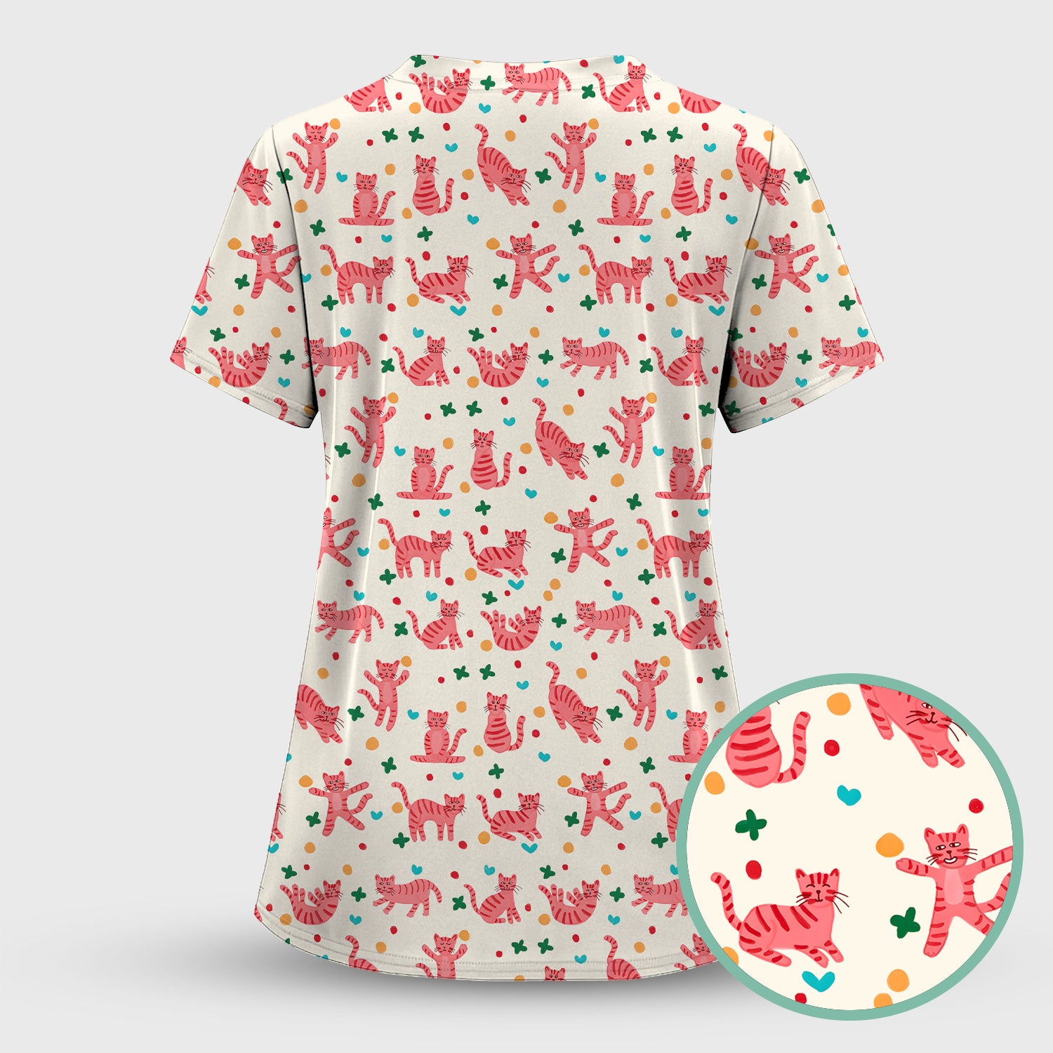 Cute Pink Cat Pattern Scrub Top, Comfortable Scrubs for Nurses