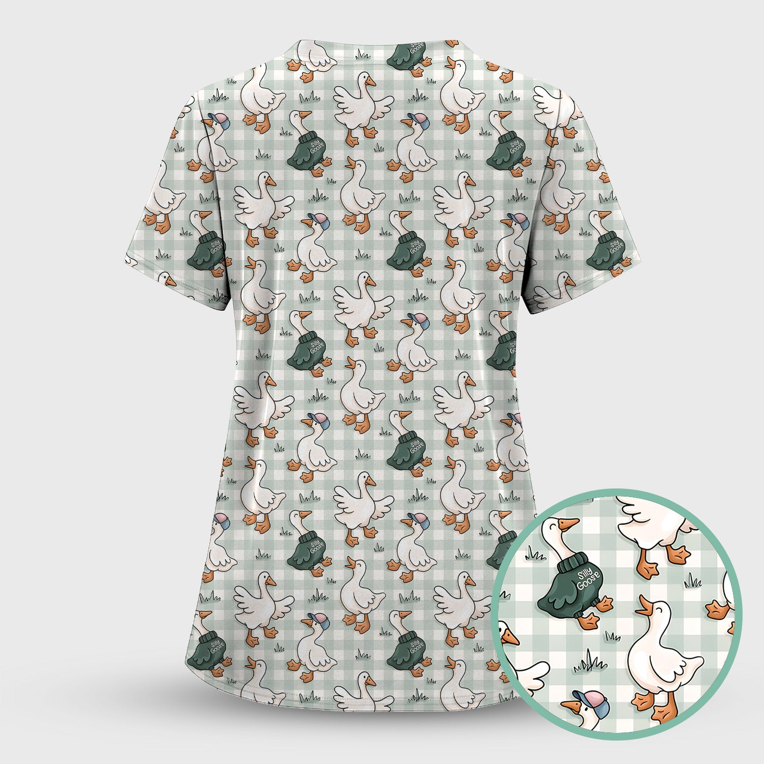 Funny Goose Wearing Sweater On Plaid Background Pattern Scrub Top, Comfortable Scrubs for Nurses