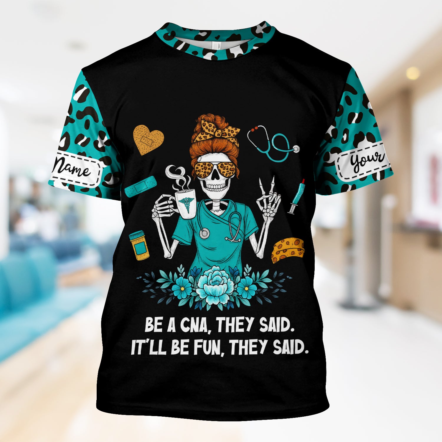 Personalized CNA Skeleton Shirt - Messy Bun Hair & Leopard Print Graphic Tee - Gift for Women CNA & Healthcare Workers