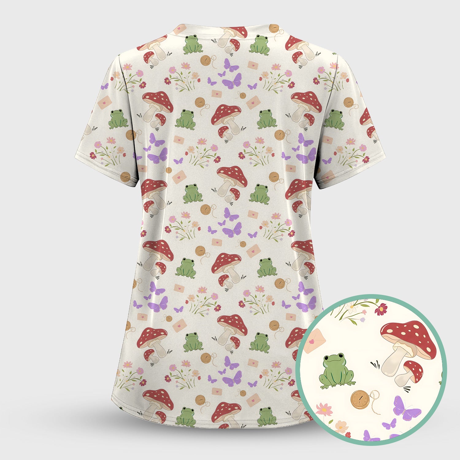 Adorable Nurse Frog and Mushroom Garden Print Scrub Set, Scrub Pants and V Neck Top