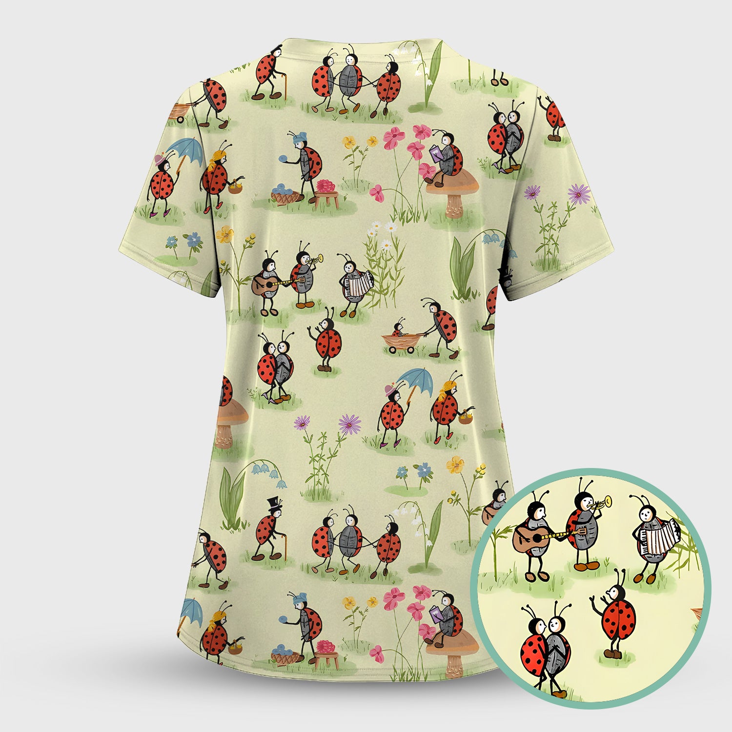 Whimsical Ladybug Garden Activity Pattern Scrub Set, Scrub Pants and V Neck Top