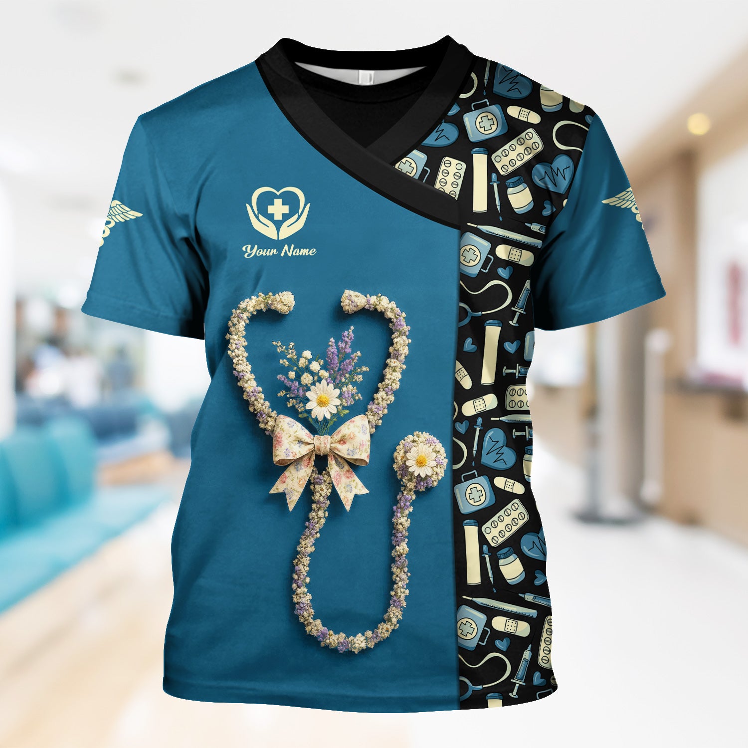 Colorful Nurse Scrubs for Women RN CNA LPN - Inspirational Floral Stethoscope Top with Heart Design - Gift for Healthcare Workers with Custom Name