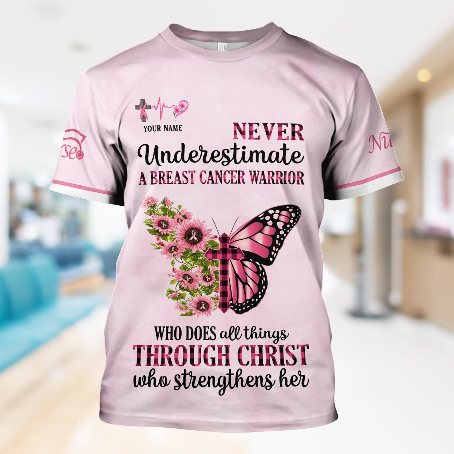 Personalized Breast Cancer Warrior Shirt  - Christian Faith Quote & Pink Butterfly Design - Gift for Women RN LPN CNA