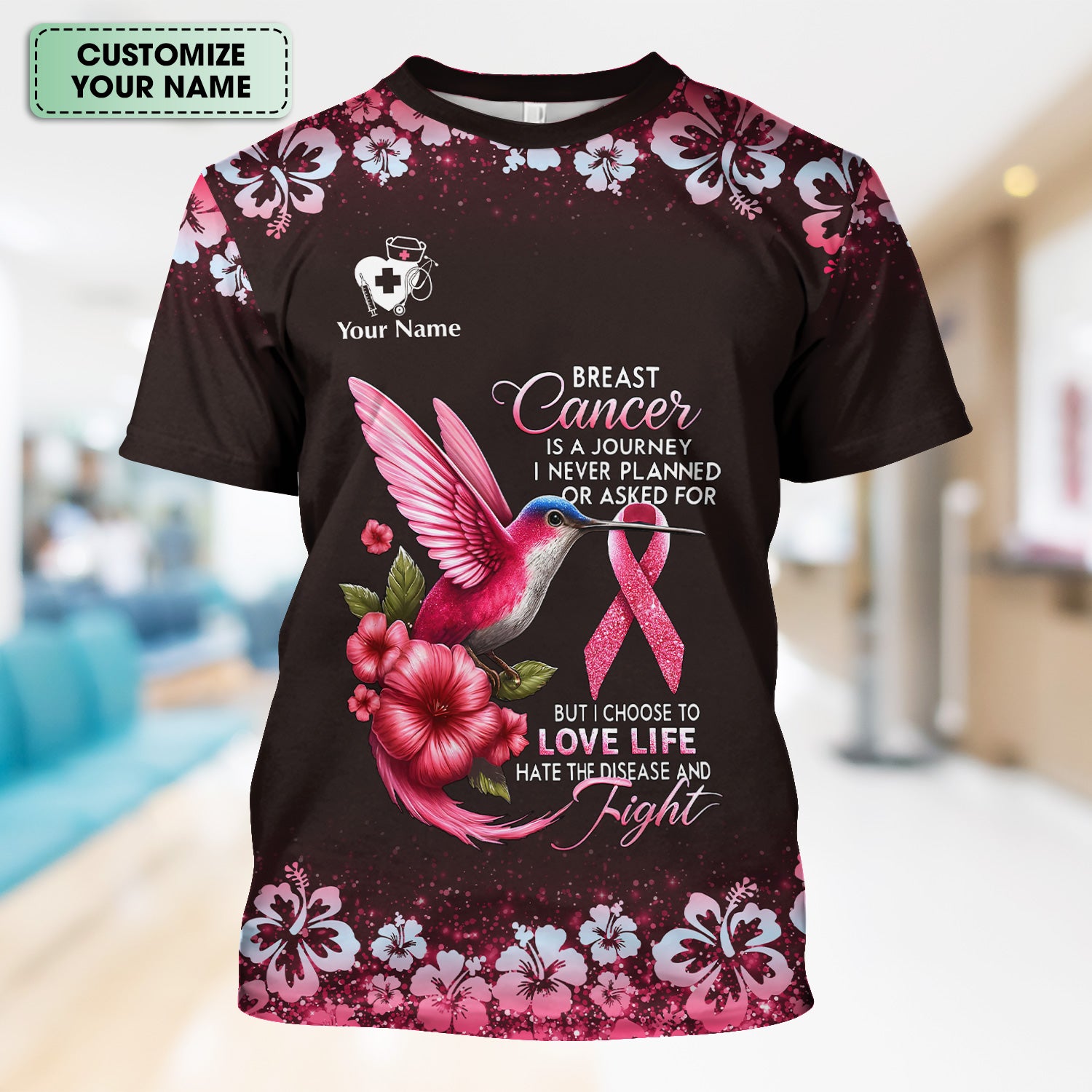 Custom Breast Cancer Awareness Shirt - Hummingbird Pink Ribbon Graphic Tee - Gift for RN LPN CNA