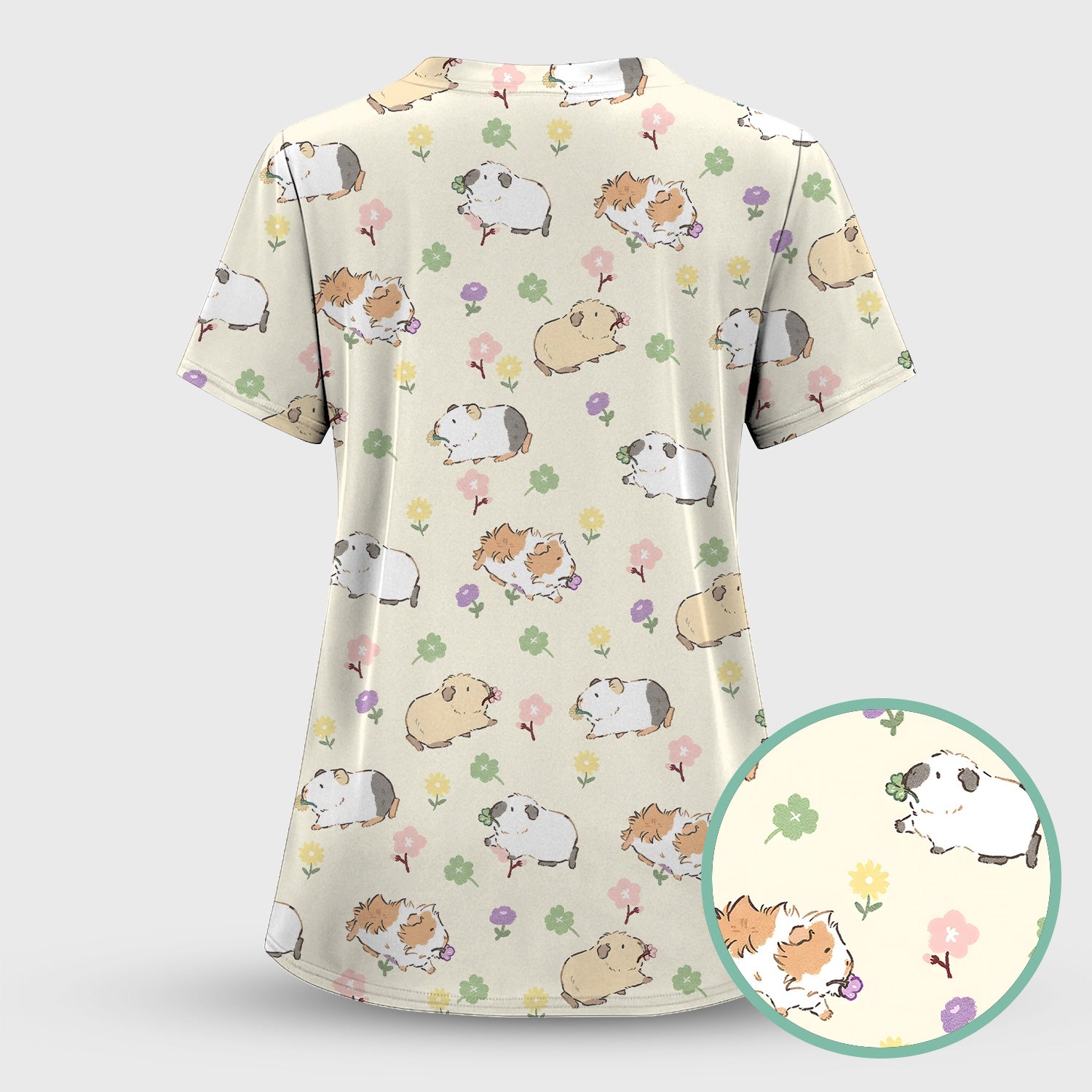 Cozy Guinea Pig Floral Doodle Pattern Scrub Set, Women's Scrub Sets