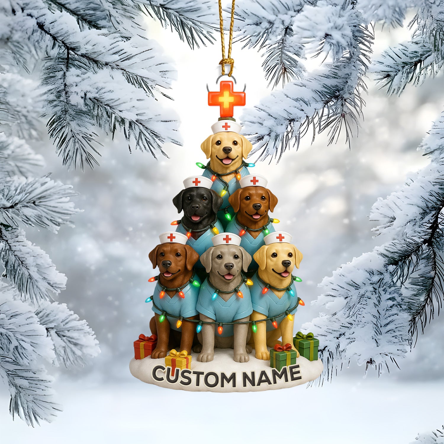 Personalized Nurse Dogs Christmas Tree Ornament – Custom Name Labrador Puppy Stack Holiday Decor – Cute Medical Dog Ornament for Nurses, Vets & Pet Lovers