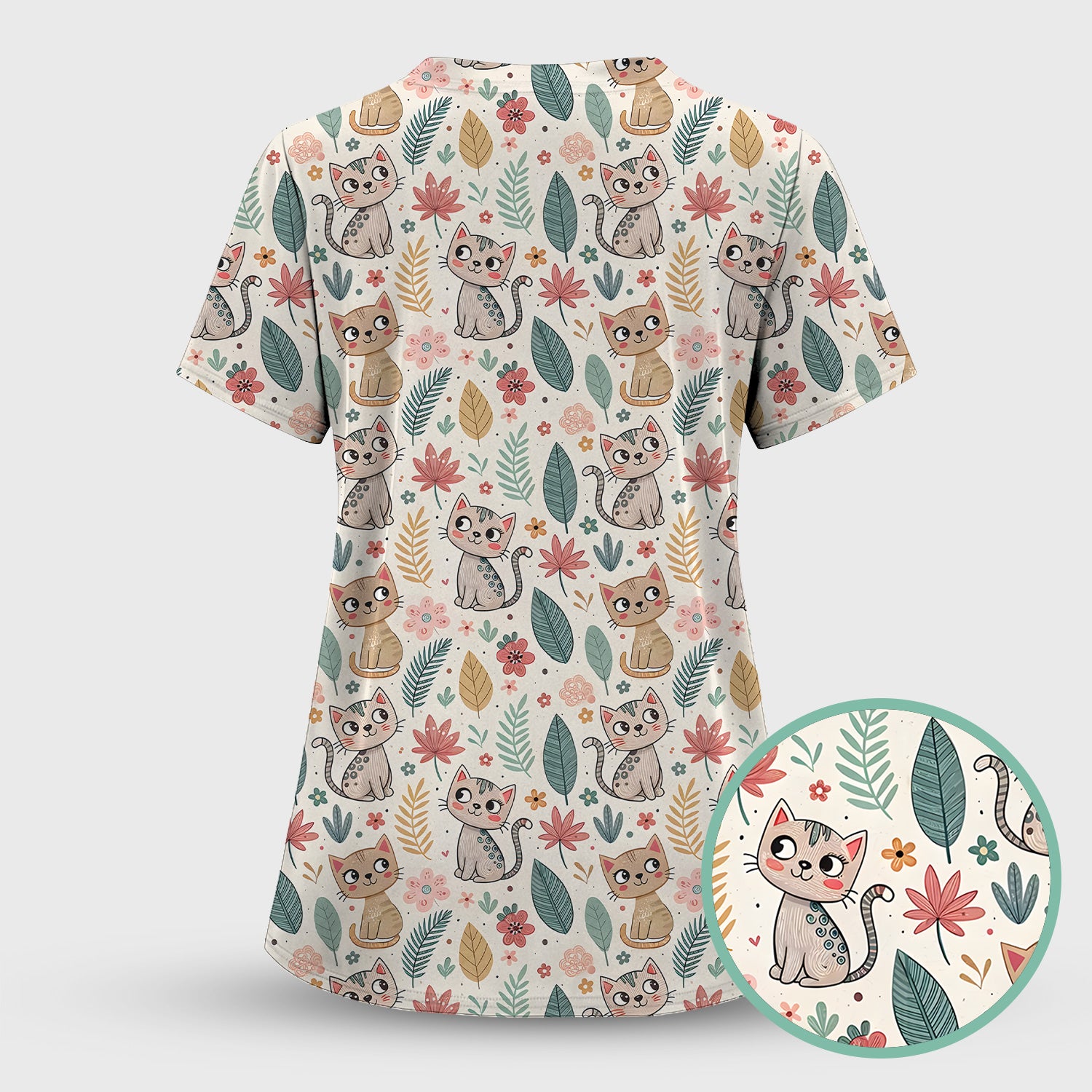 Cute Cartoon Cat Floral Leaf Pattern Scrub Top, Kawaii Kitty Nursing Uniform for Women