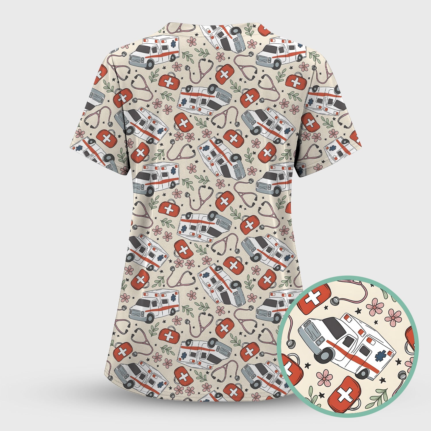 Ambulance Stethoscope First Aid Floral Pattern Scrub Set, Scrub Pants and V Neck Top