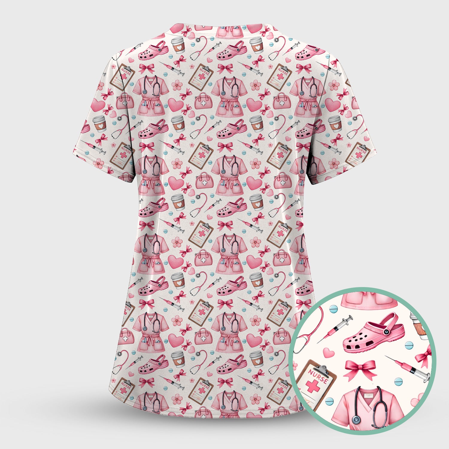Valentine Pink Nurse Icons Print Scrub Top, Comfortable Scrubs for Nurses