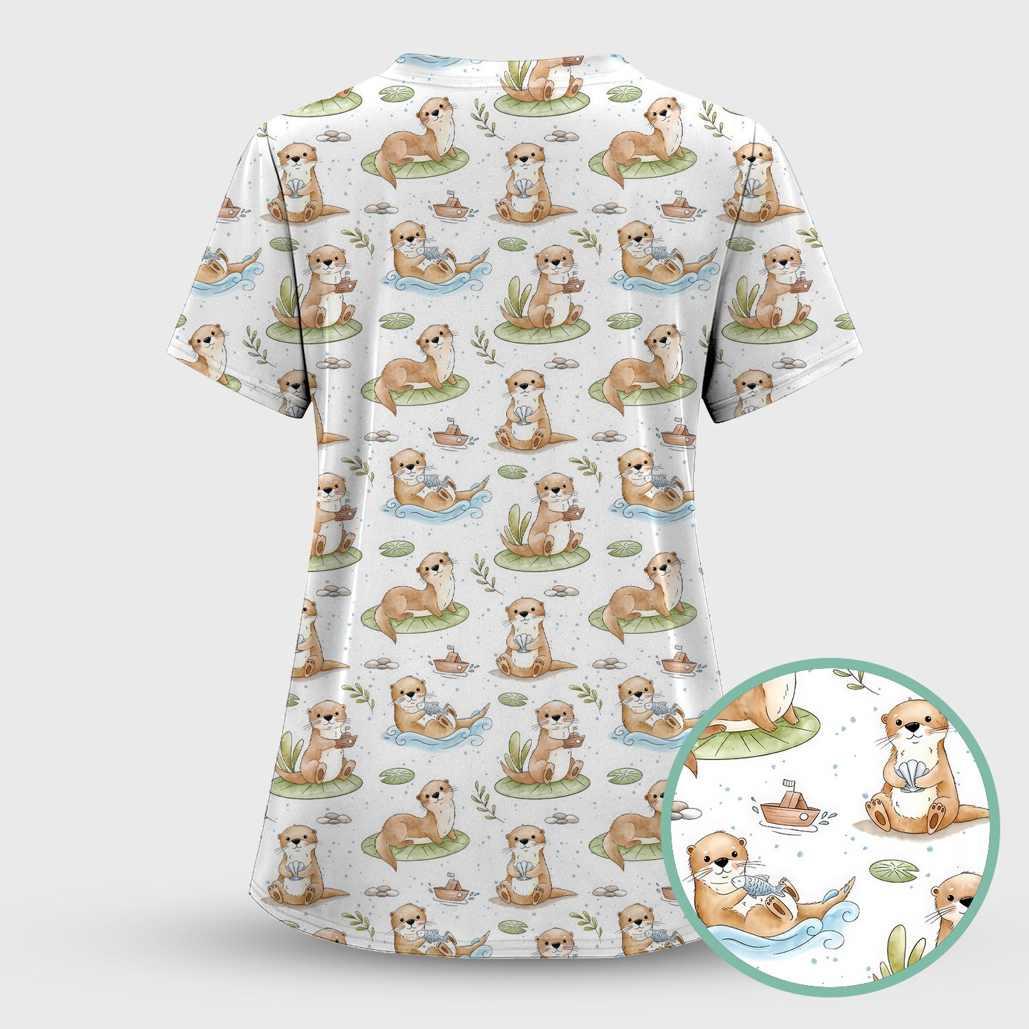 Cute Otter With Lily Pad Pattern Scrub Top, Comfortable Scrubs for Nurses