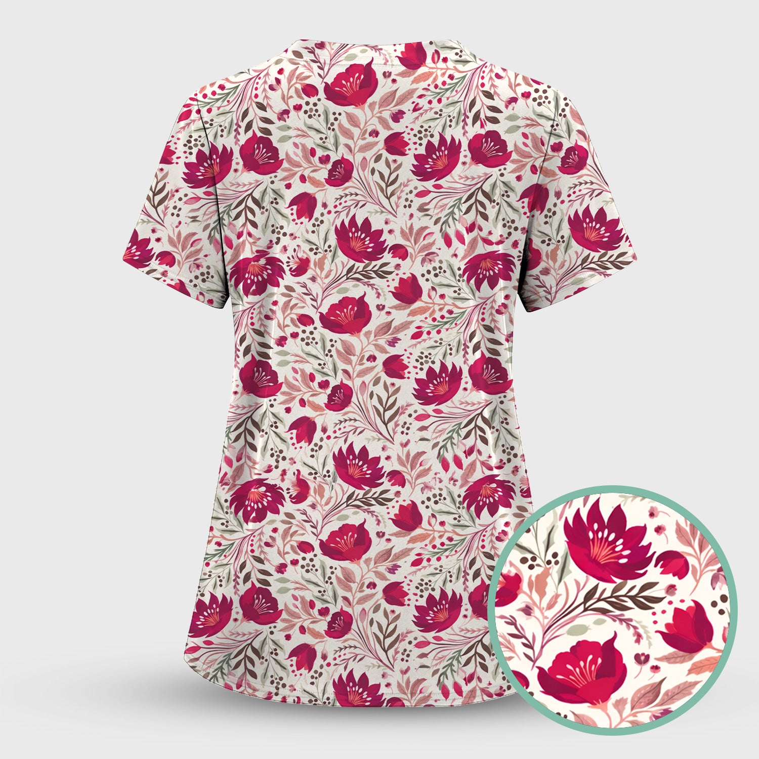 Elegant Floral Botanical Pattern Scrub Set, Women's Scrub Sets