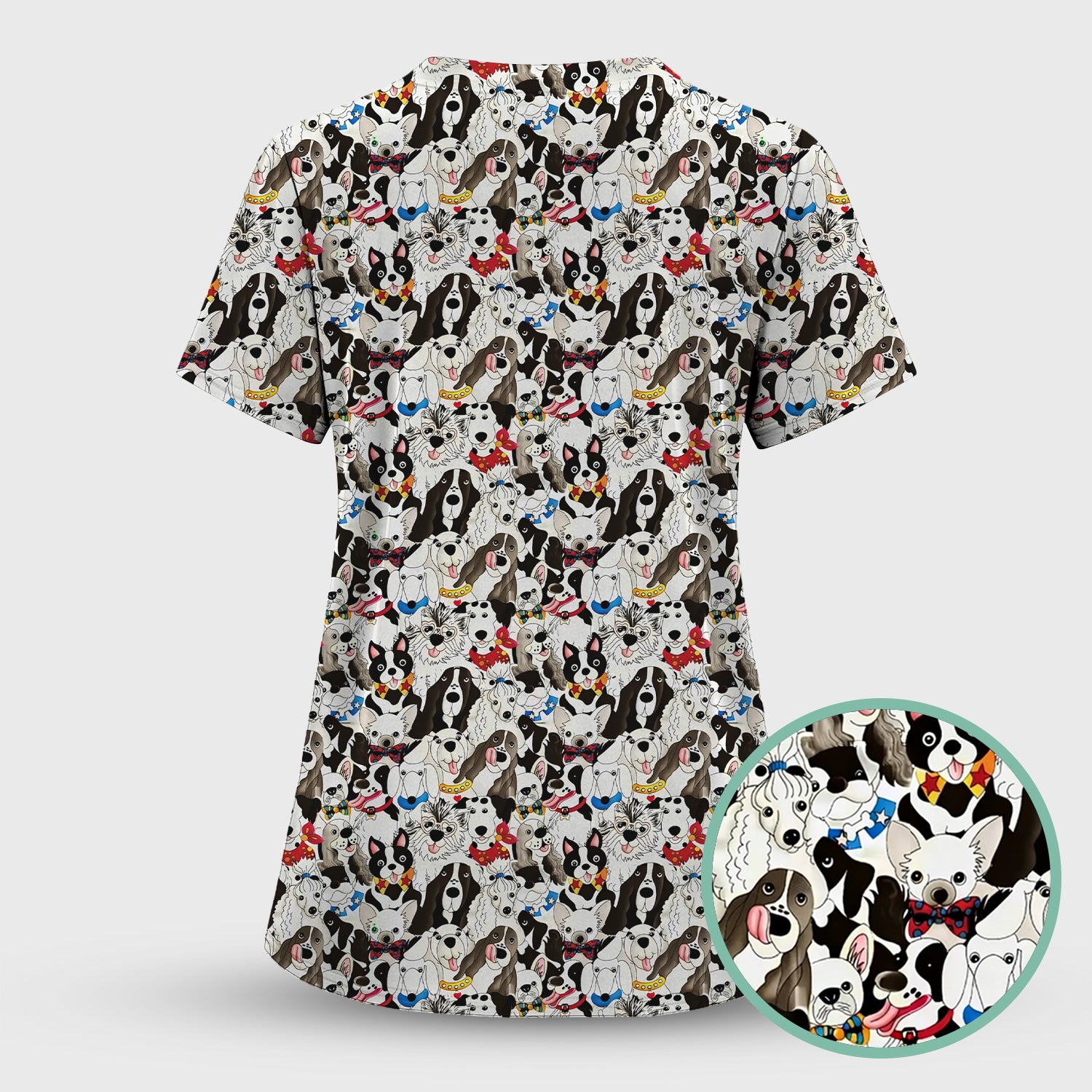 Cute Dog Cartoon All Over Print Scrub Top, Breathable Fabrics Nursing Uniform