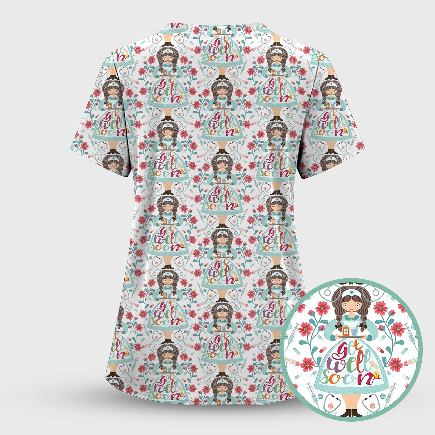 Get Well Soon Girl Floral Caring Pattern Scrub Set, Scrub Pants and V Neck Top