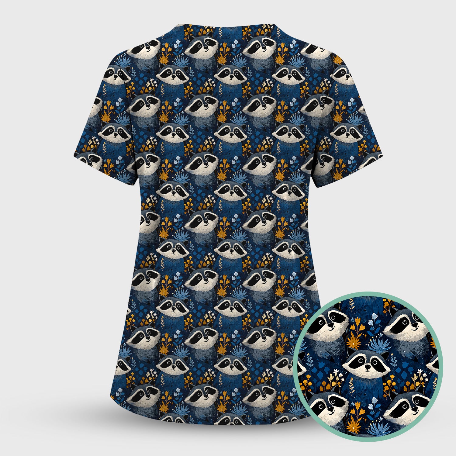 Raccoon With Blue Floral Forest Pattern Scrub Set, Scrub Pants and V Neck Top