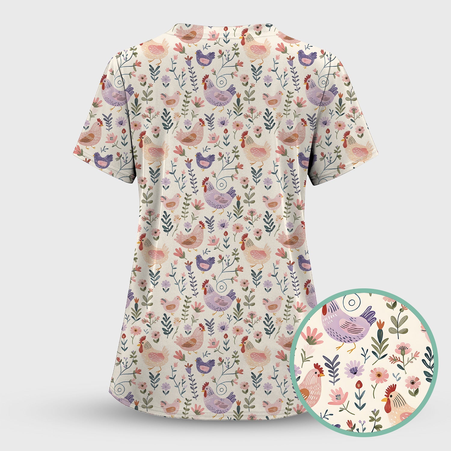 Cute Farm Chicken Floral Garden Pattern Scrub Top, Comfortable Scrubs for Nurses
