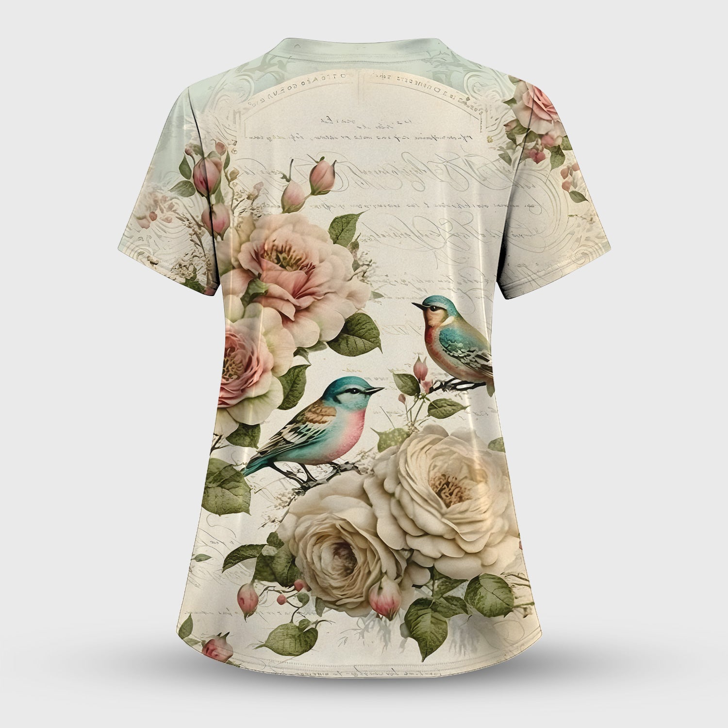 Vintage Birds Rose Pattern Scrub Top, Comfortable Scrubs for Nurses