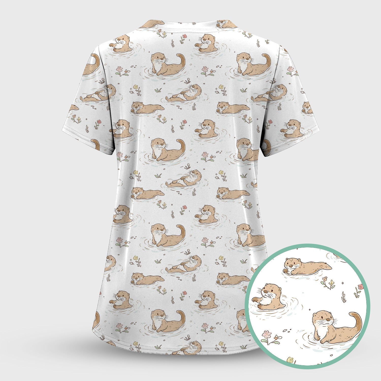 Otter Swimming Floating Water Pattern Scrub Set, Scrub Pants and V Neck Top