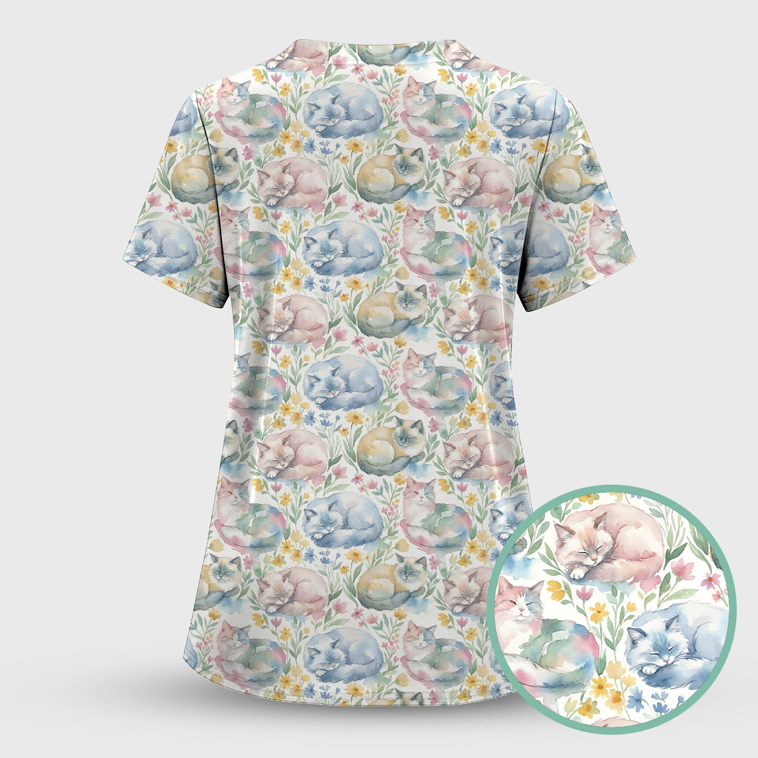 Dreamy Sleeping Cat Floral Pattern Scrub Top, Comfortable Scrubs for Nurses