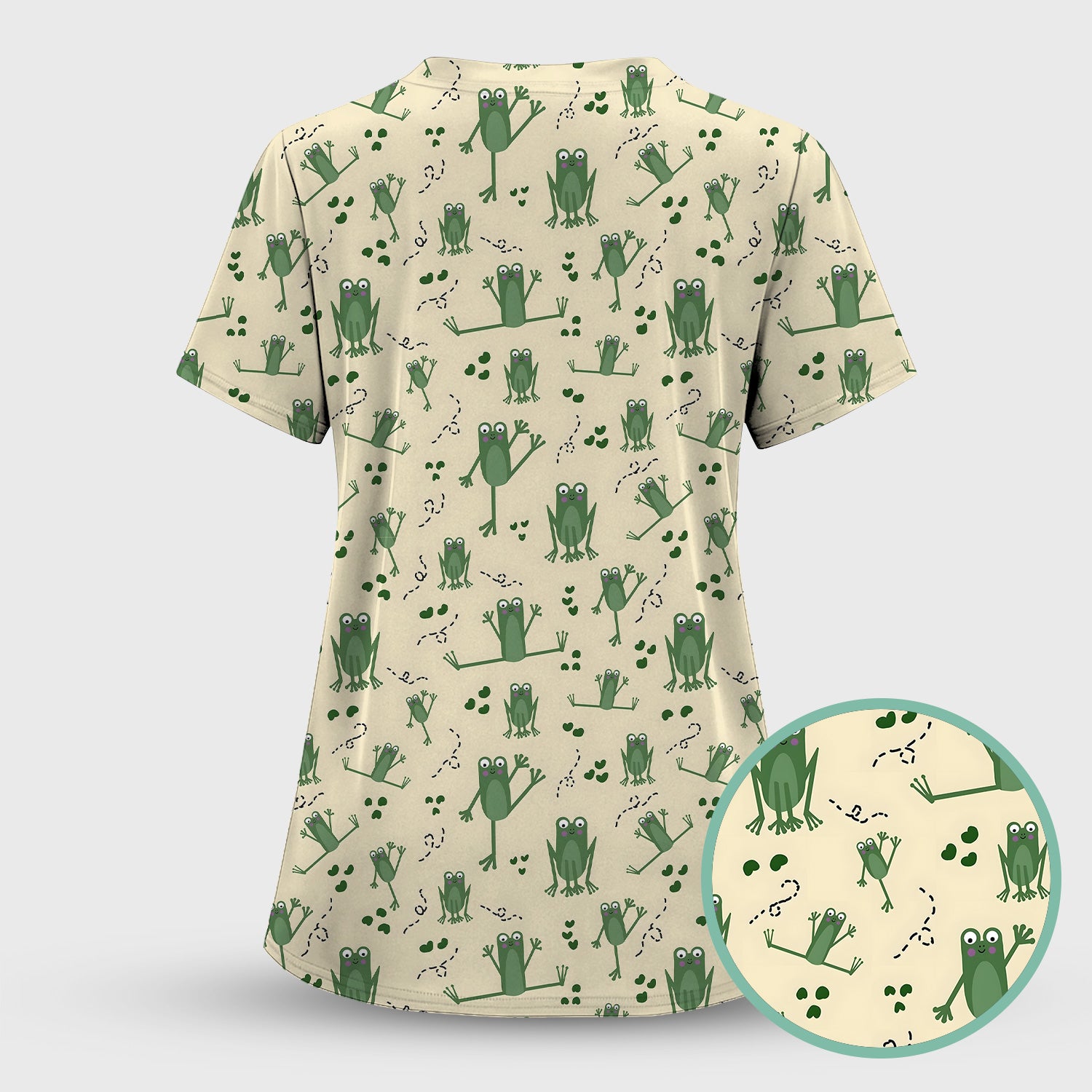 Frog Jumping Footprint Trail Pattern Scrub Set, Scrub Pants and V Neck Top