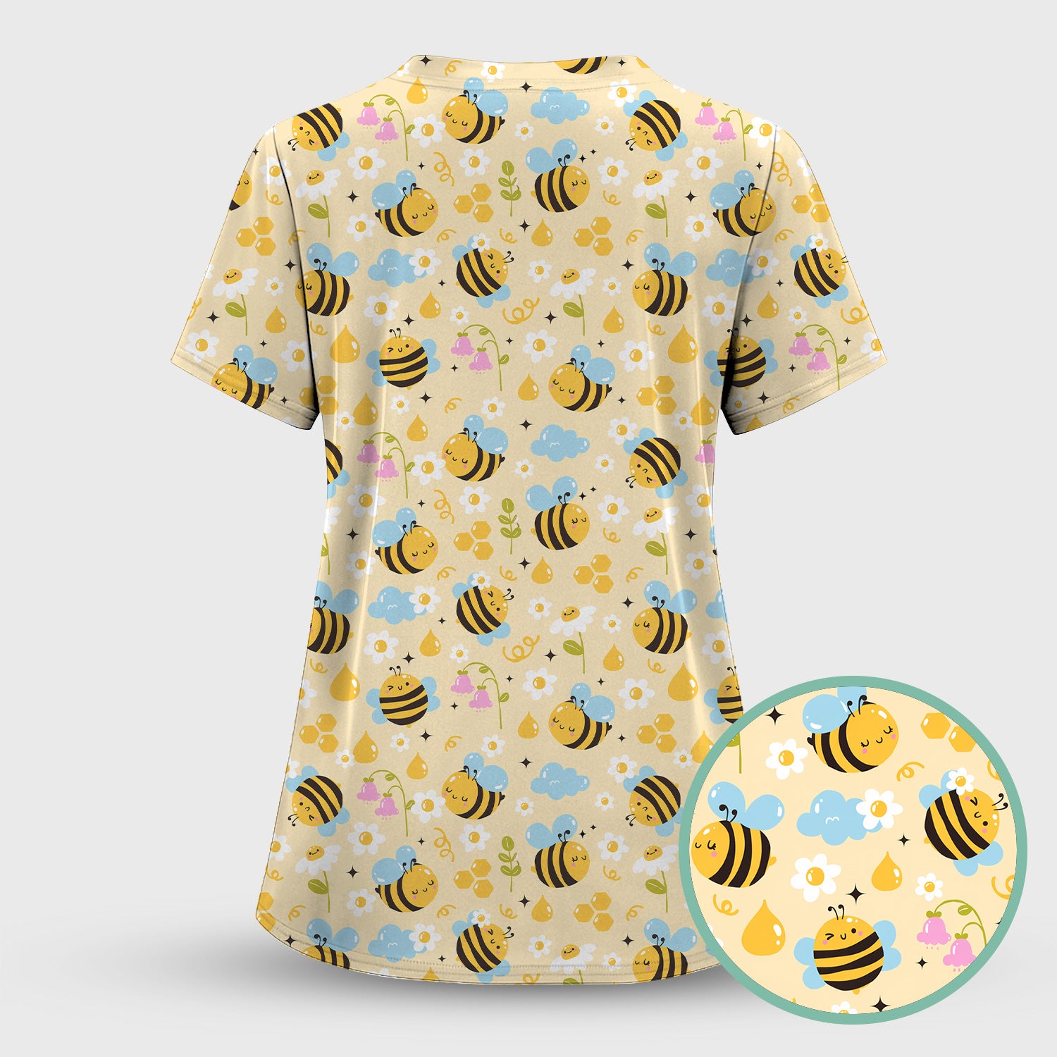 Honey Bee Flower Cloud Pattern Scrub Set, Scrub Pants and V Neck Top