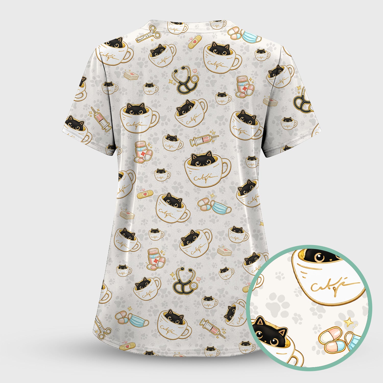 Cute Coffee Cat Medical Print Scrub Top, Breathable Fabrics Nursing Uniform