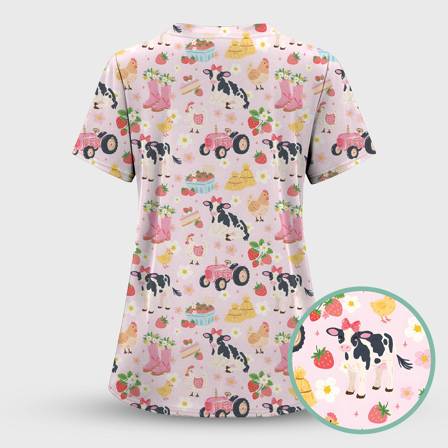 Cute Farm Animals & Strawberry Garden Pattern Scrub Set, Scrub Pants and V Neck Top