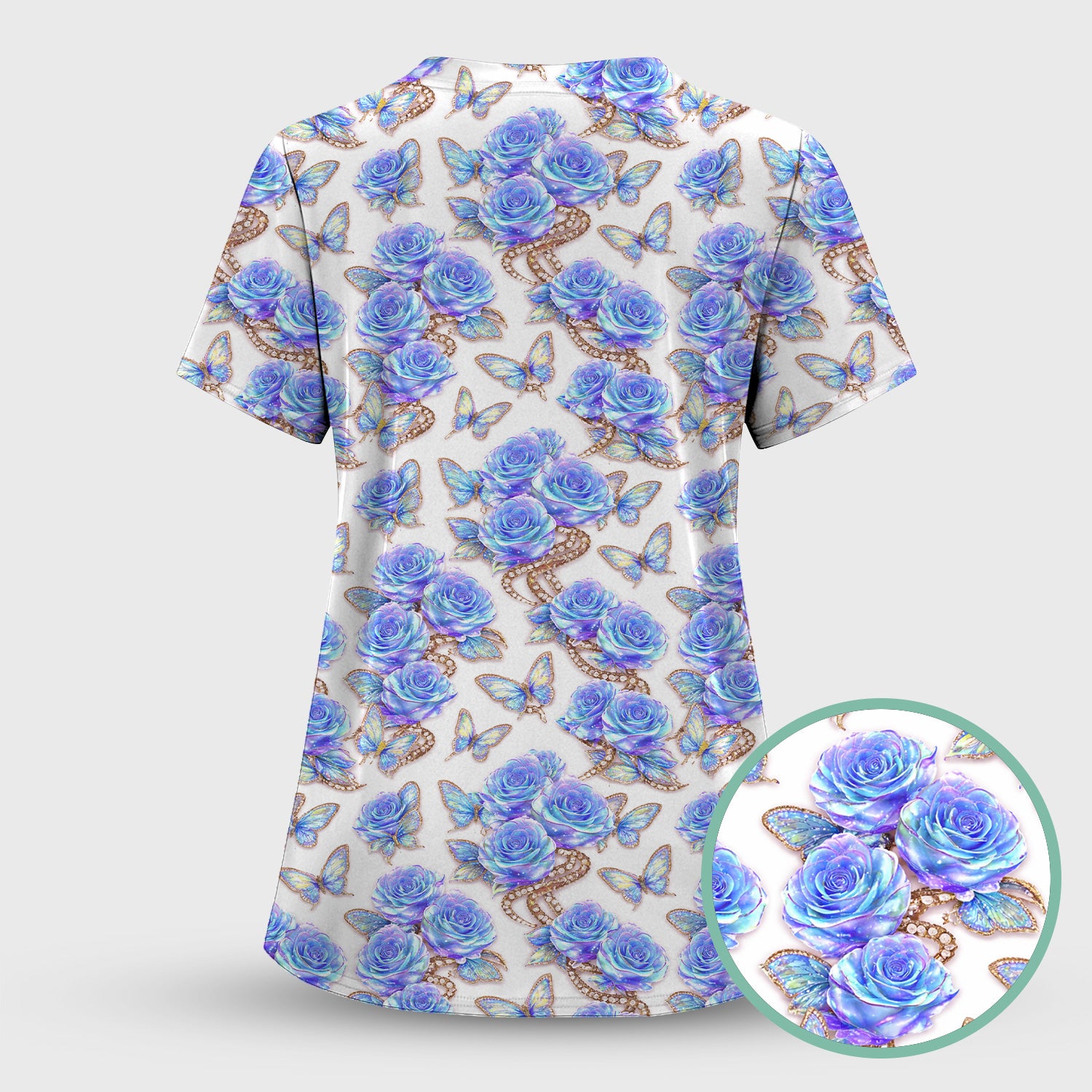 Elegant Blue Rose Floral Print Scrub Top, Soft & Breathable Nurse Scrubs