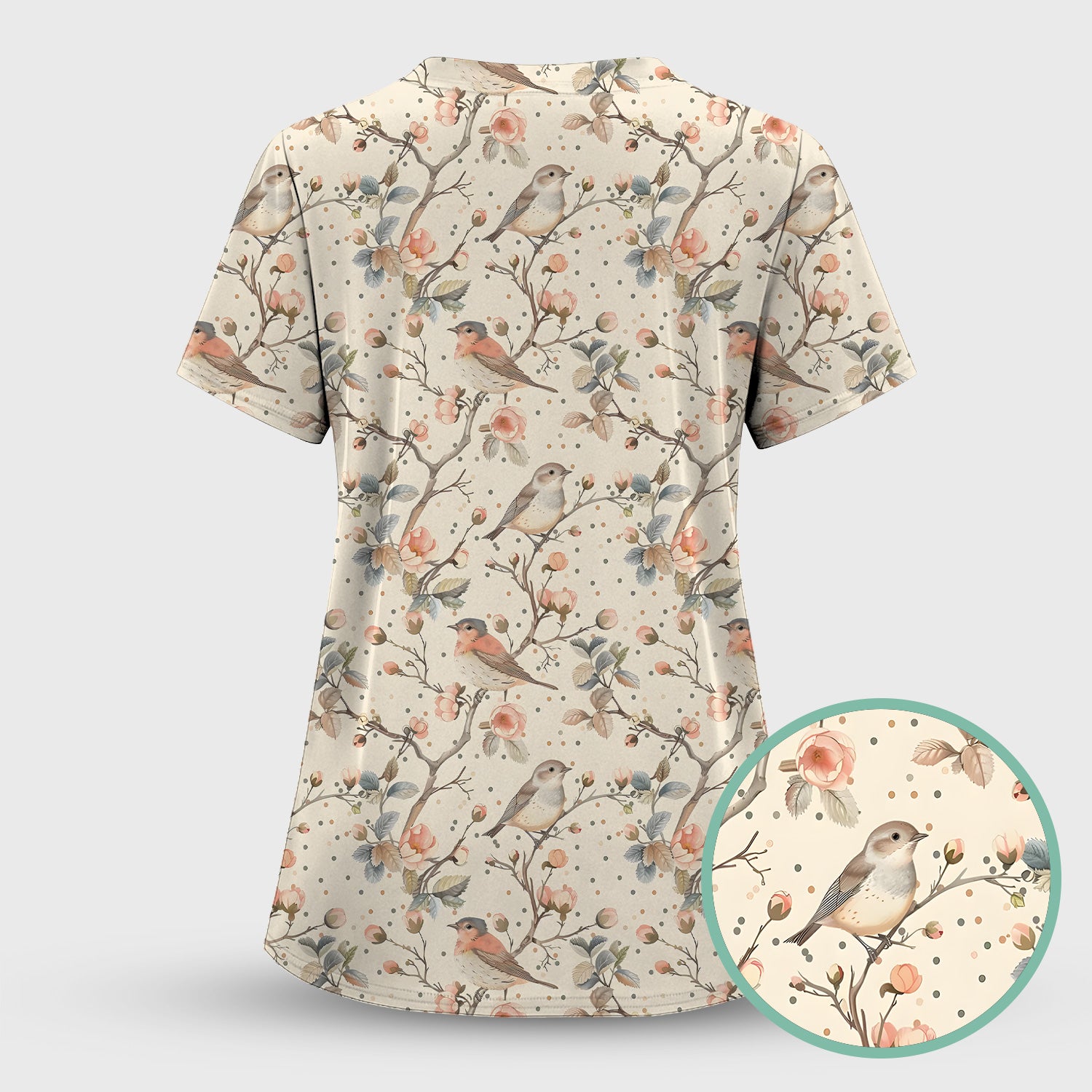 Vintage Bird Floral Branch Print Scrub Set, Scrub Pants and V Neck Top