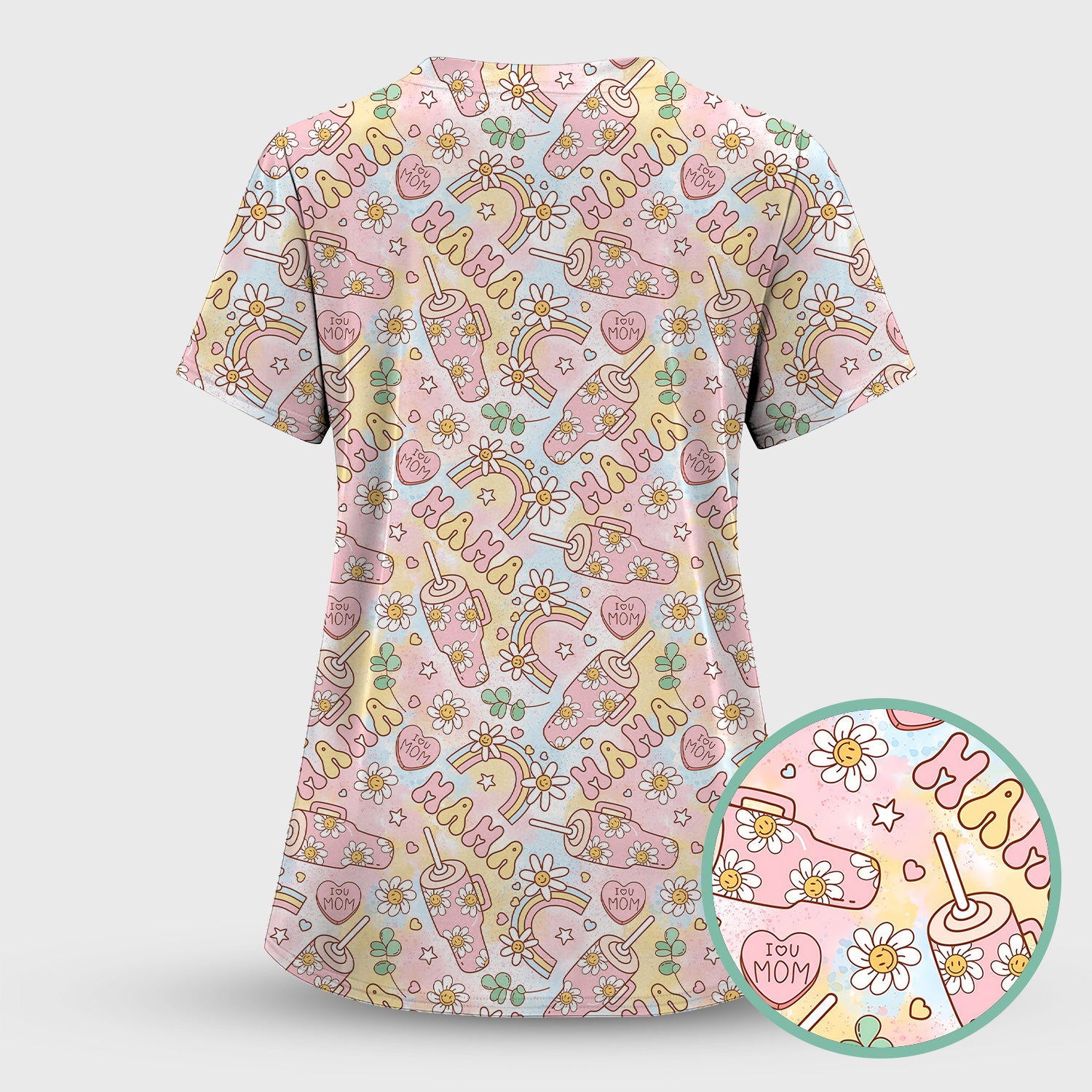Sweet Nurse Mama Daisy Rainbow Pattern Scrub Set, Scrub Pants and V Neck Top