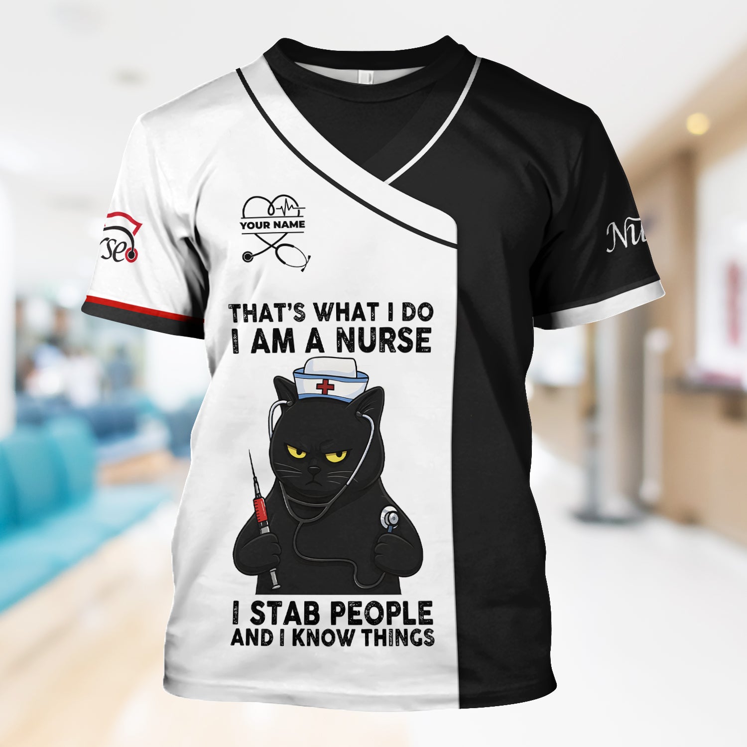 Custom Name Funny Nurse Scrub Top - I Stab People And I Know Things Sarcastic Quote - Gift for Women RN LPN & Healthcare Workers