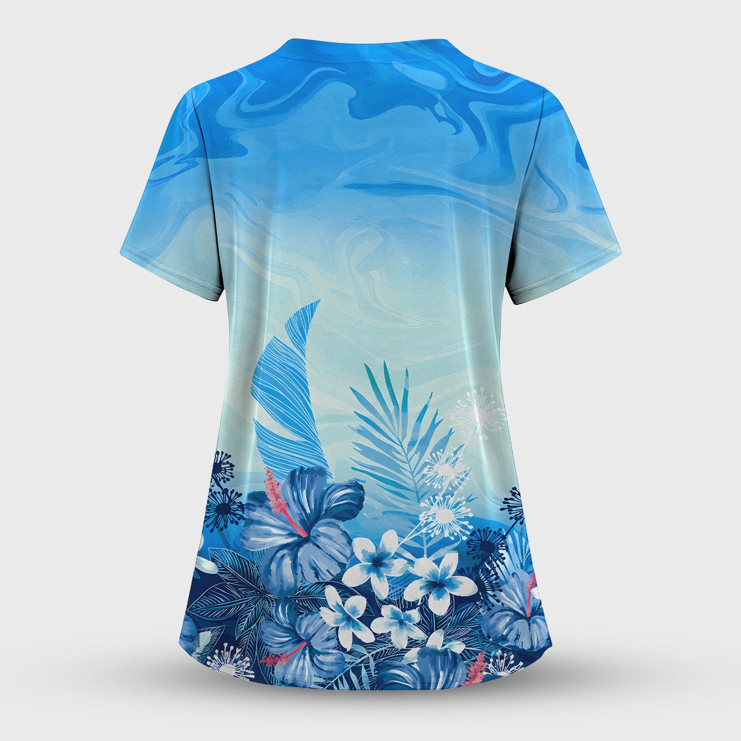 Elegant Blue Tropical Floral Pattern Scrub Top, Comfortable Scrubs for Nurses