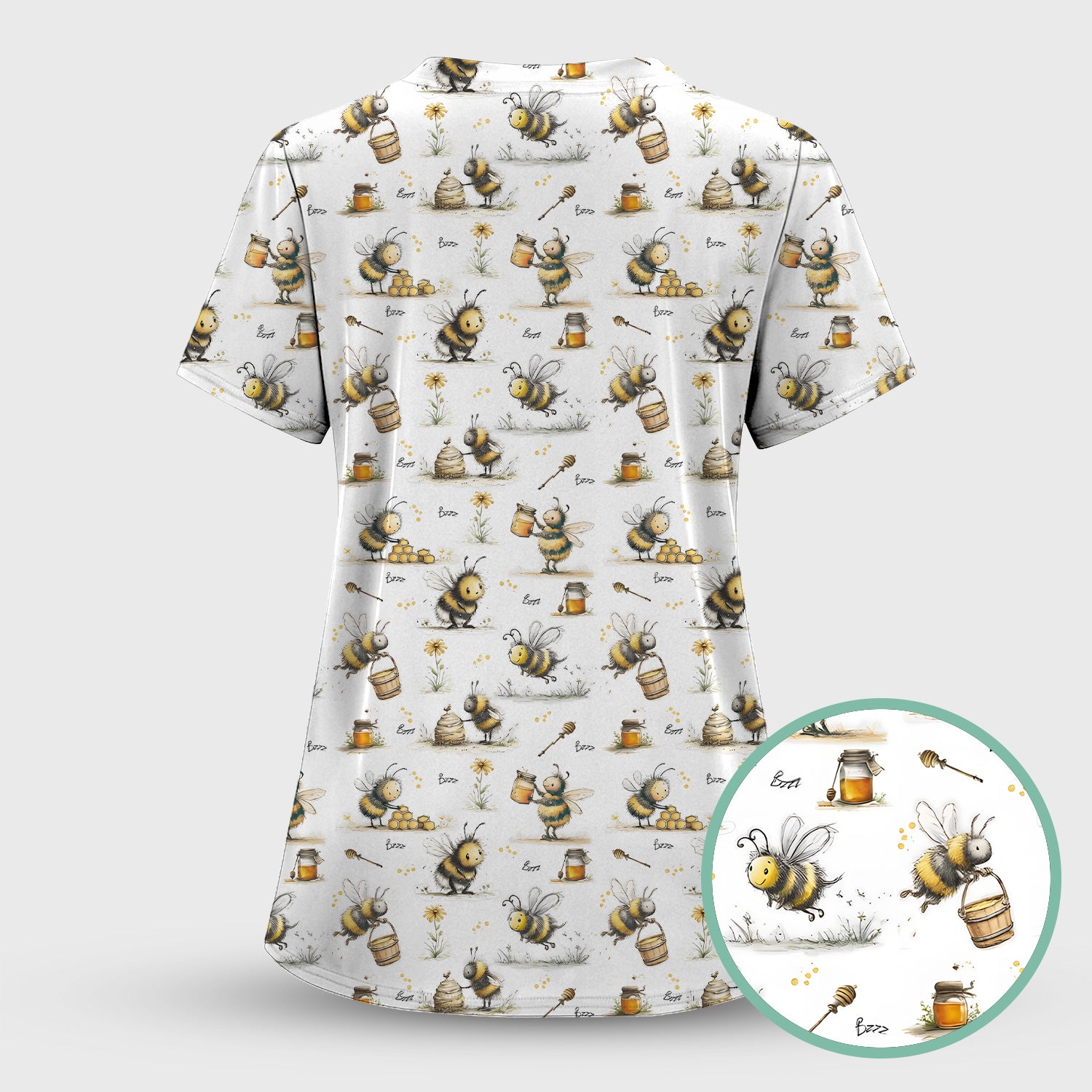 Cute Honey Bee Jar Garden Pattern Scrub Set, Scrub Pants and V Neck Top