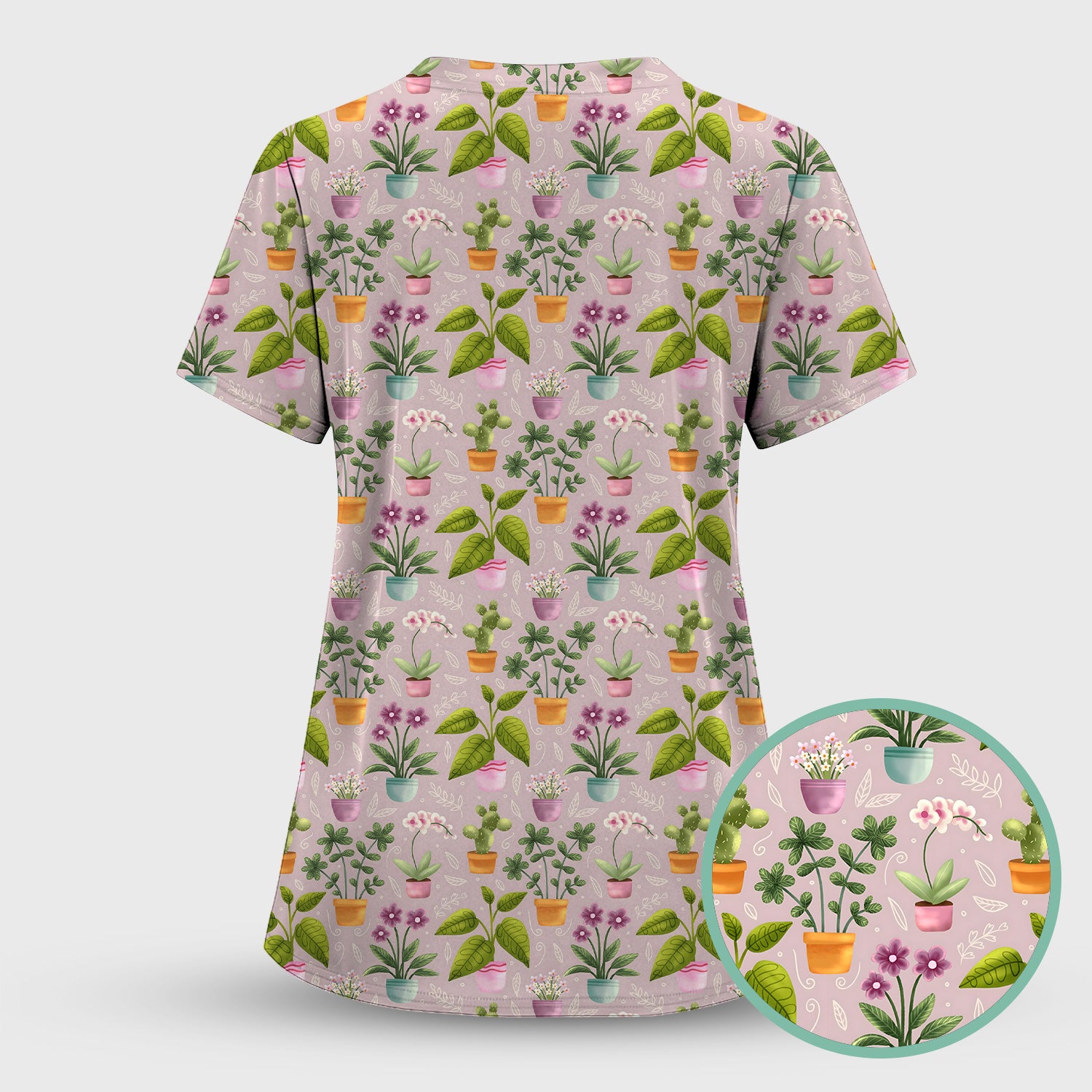 Potted Plant Orchid Cactus Pattern Scrub Top, Comfortable Scrubs for Nurses