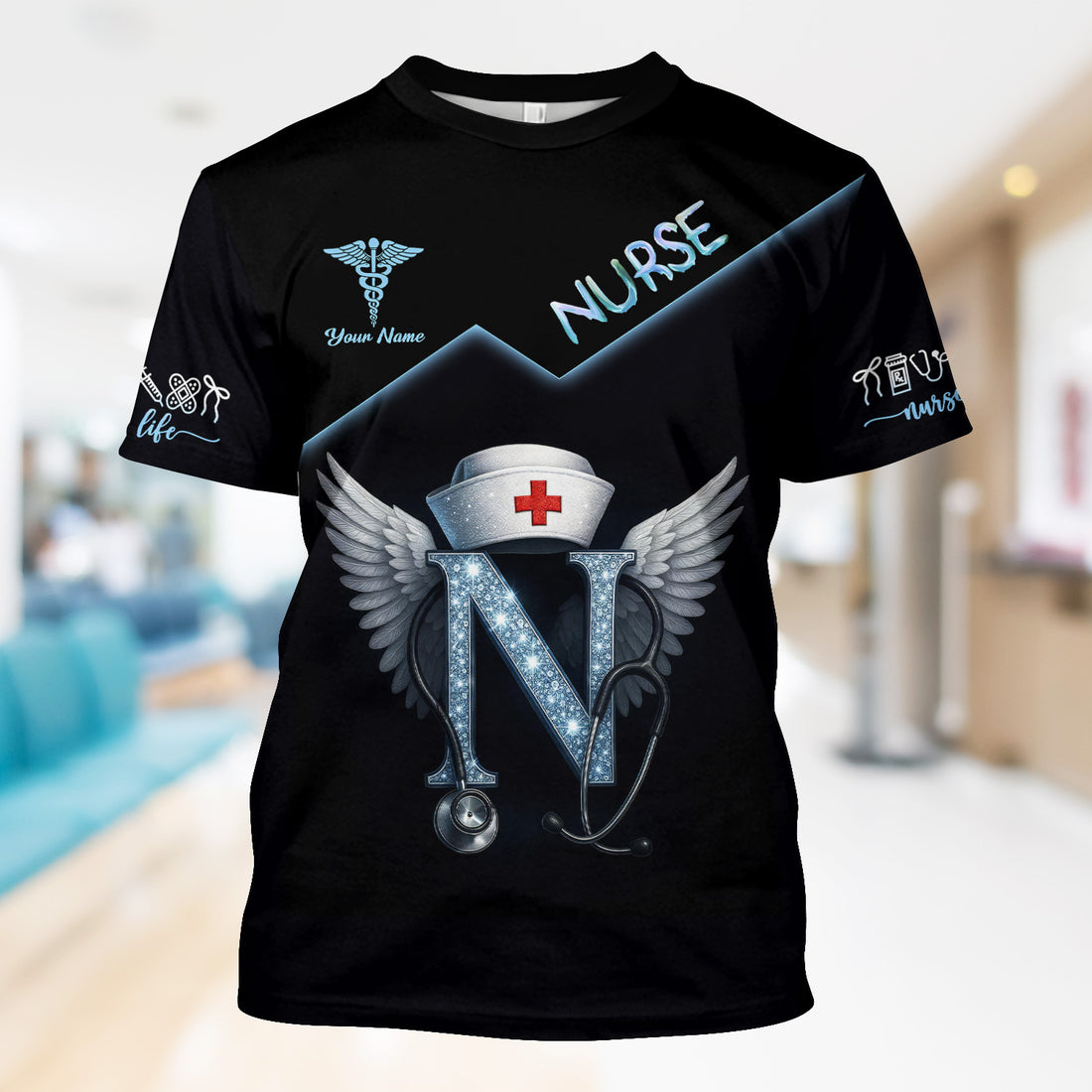 Funny Nurse T-shirt with Glowing 'N' Design - Customizable with Stethoscope & Wings Design - Perfect for RN, CNA, LPN, Healthcare Professionals