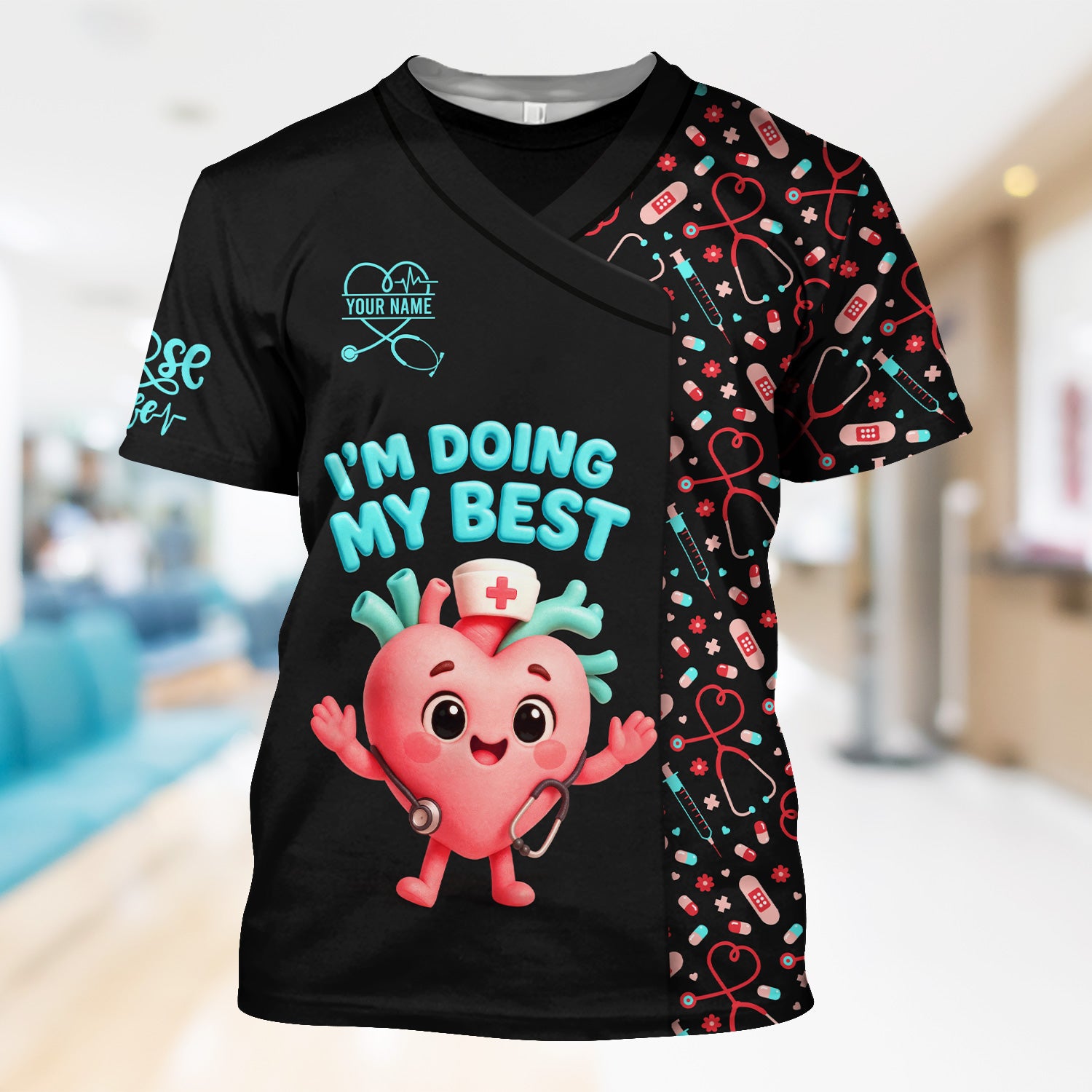 Funny Custom Nurse Scrub Top with Heart - I'm Doing My Best Quote & Cute Medical Icons - Personalized Gift for RN, LPN, CNA