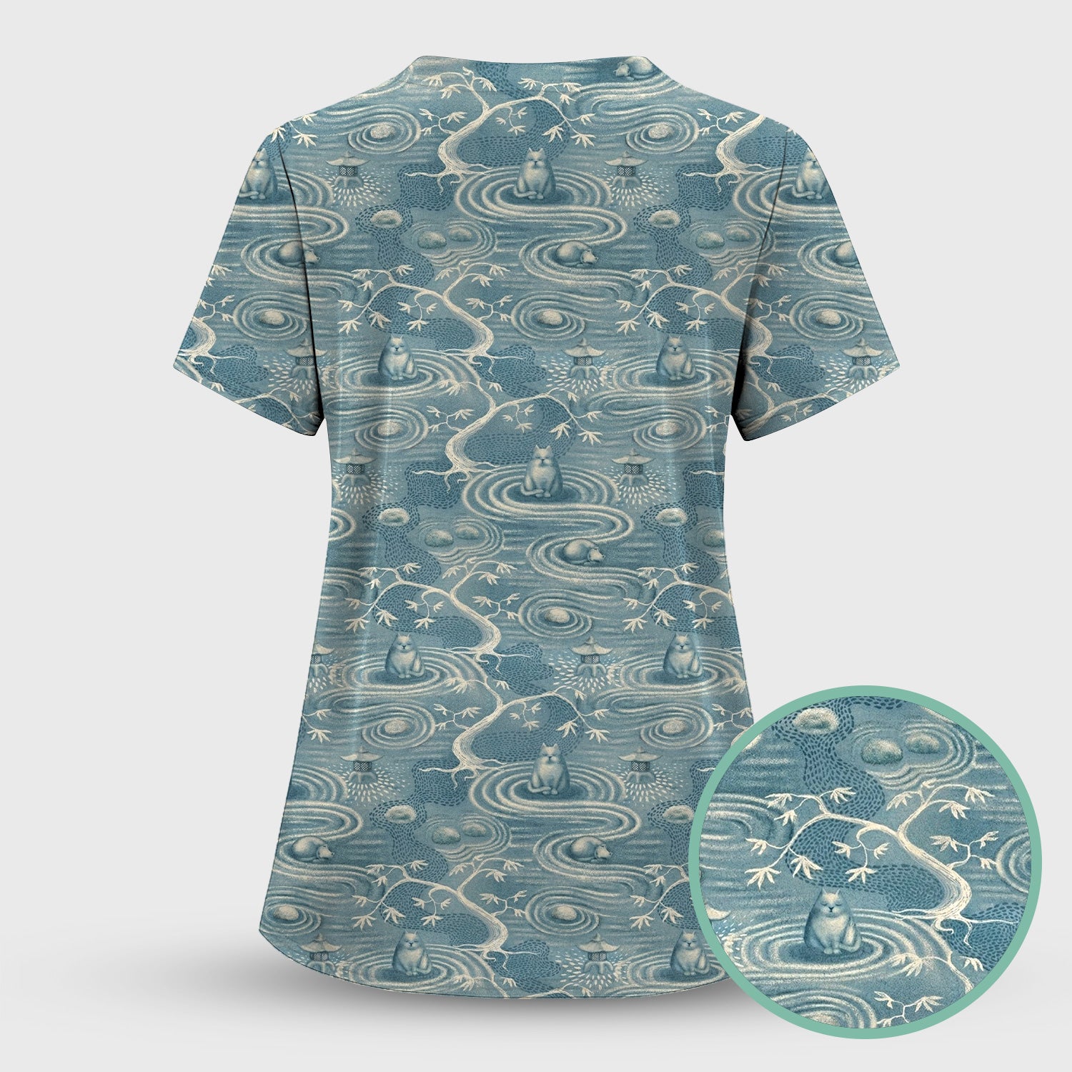 Zen Cat Water Garden Pattern  Scrub Top, Breathable Fabrics Nursing Uniform
