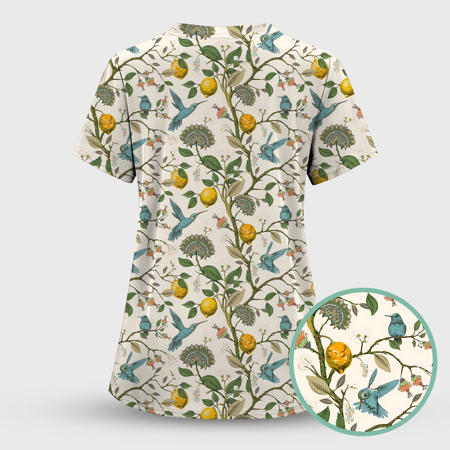 Cute Hummingbird Lemon Floral Pattern Scrub Top, Comfortable Scrubs for Nurses